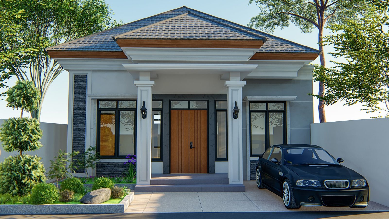 Desain Rumah Minimalis Atap Limas dengan Pilar Klasik dan Taman Asri di Halaman Depan