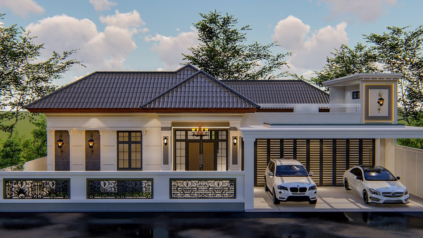 Desain Rumah Mewah Satu Lantai dengan Garasi Luas dan Sentuhan Klasik Modern
