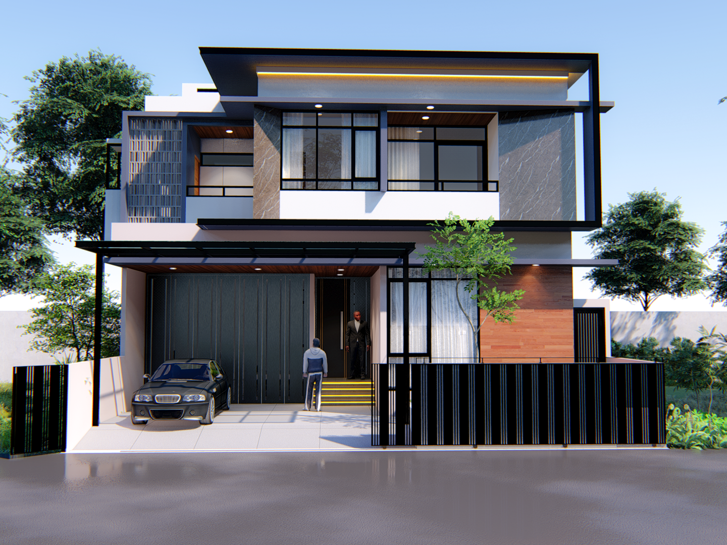 Desain Rumah Modern 2 Lantai dengan Carport Samping dan Fasad Elegan