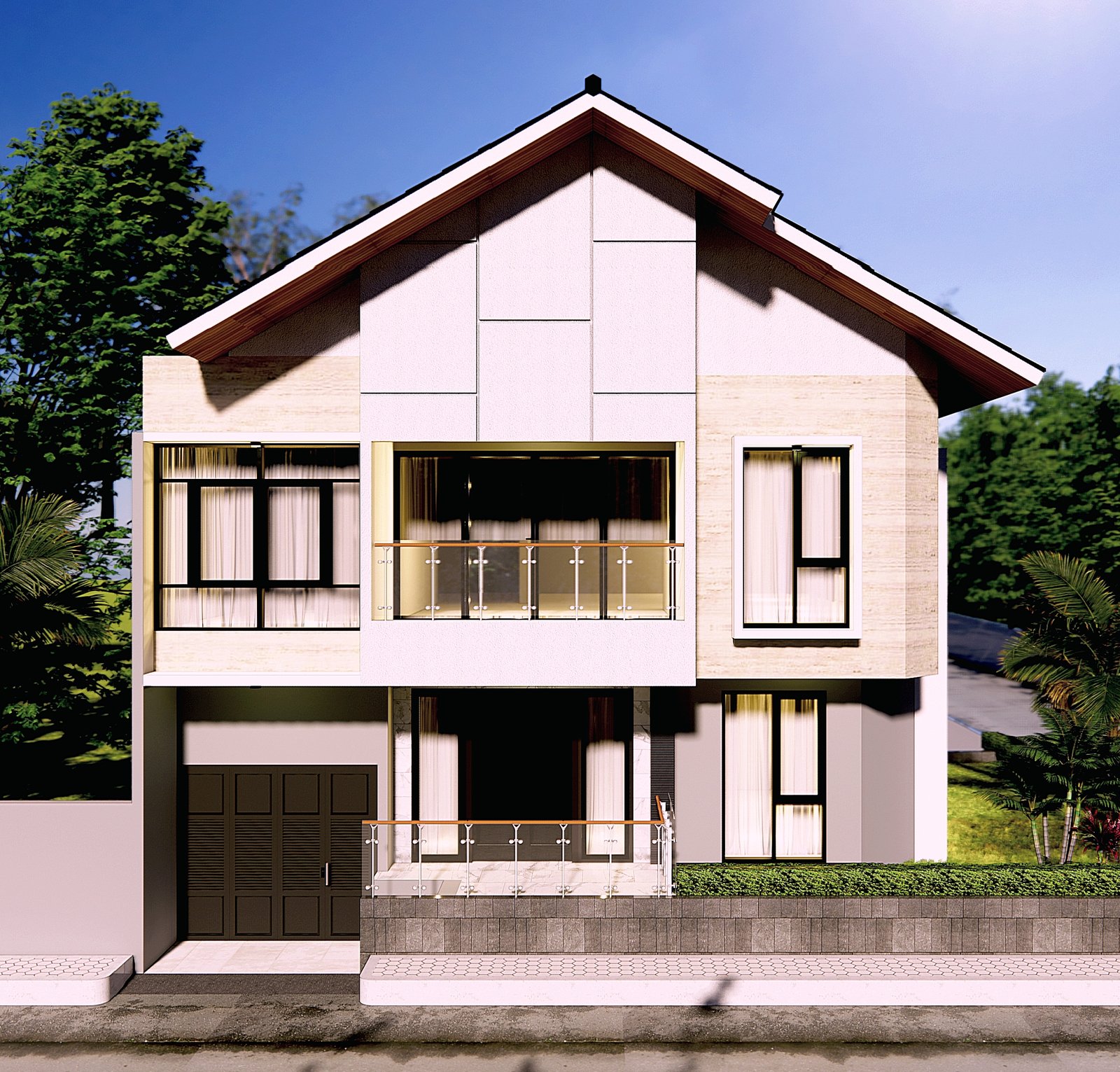 Desain Rumah 2 Lantai Atap Pelana Besar dengan Balkon Kaca di Tengah