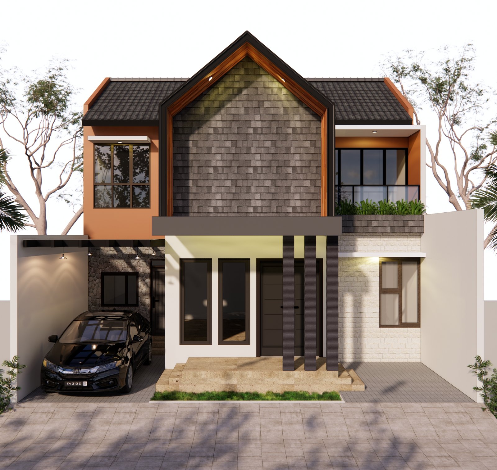 Desain Rumah Modern 2 Lantai Atap Pelana Tinggi dengan Carport Samping