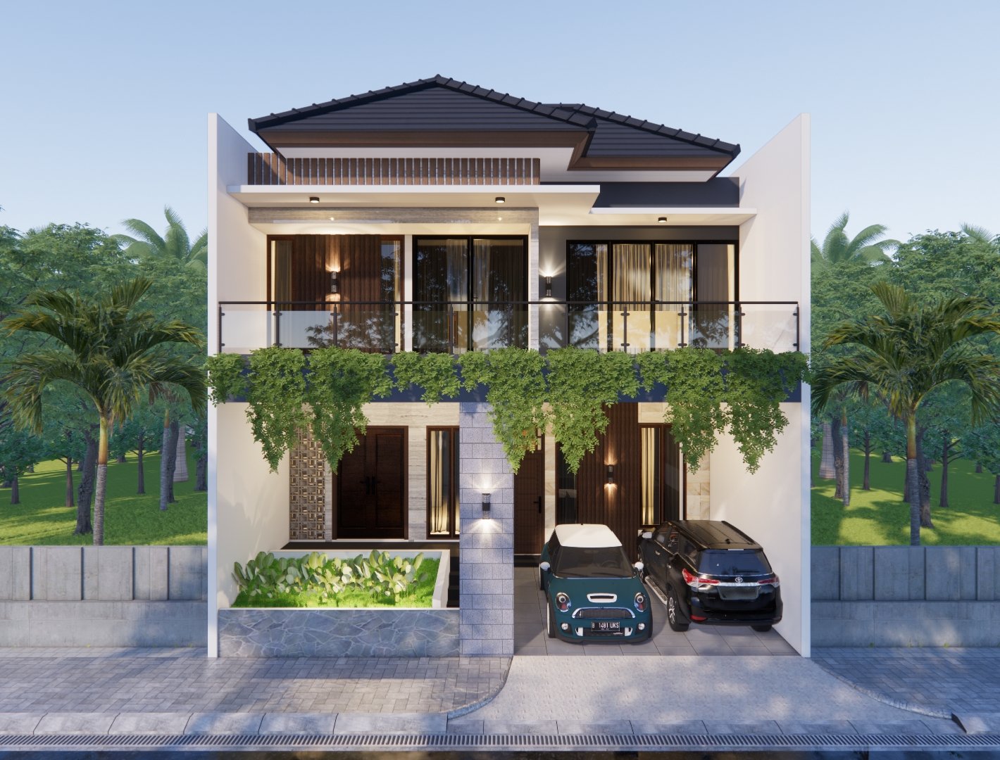 Desain Rumah 2 Lantai Tropis Modern dengan Balkon Kaca dan Carport Dua Mobil