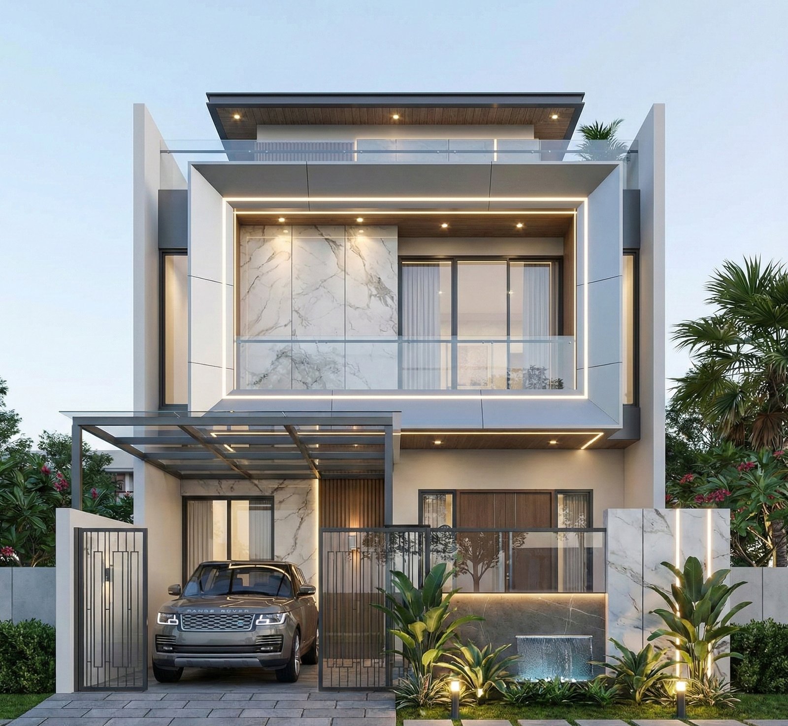 Desain rumah 2 lantai modern mewah dengan fasad futuristik, aksen marmer, balkon kaca, dan permainan lighting LED yang elegan.