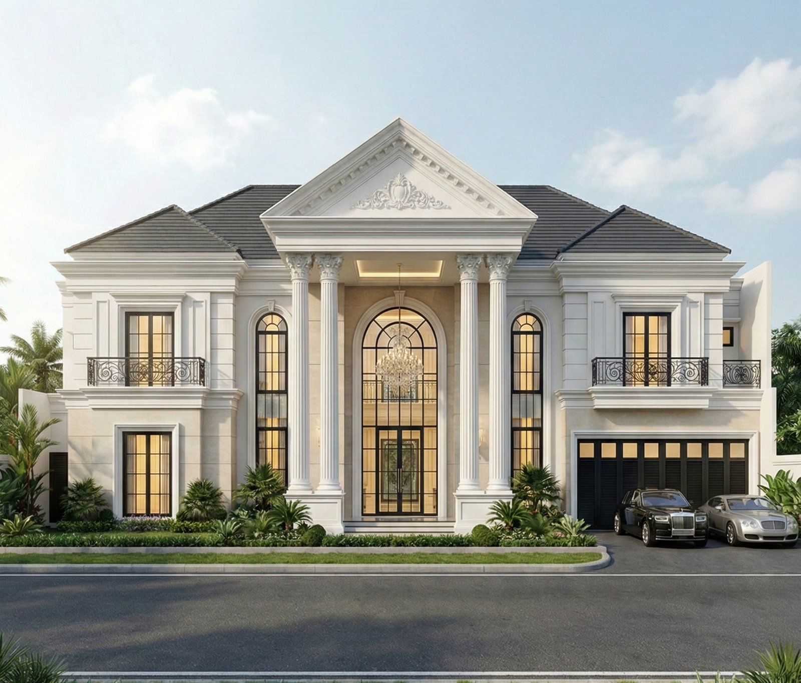 Desain rumah mewah klasik modern dengan pilar megah, fasad simetris, dan chandelier besar yang mencerminkan kemewahan kelas premium