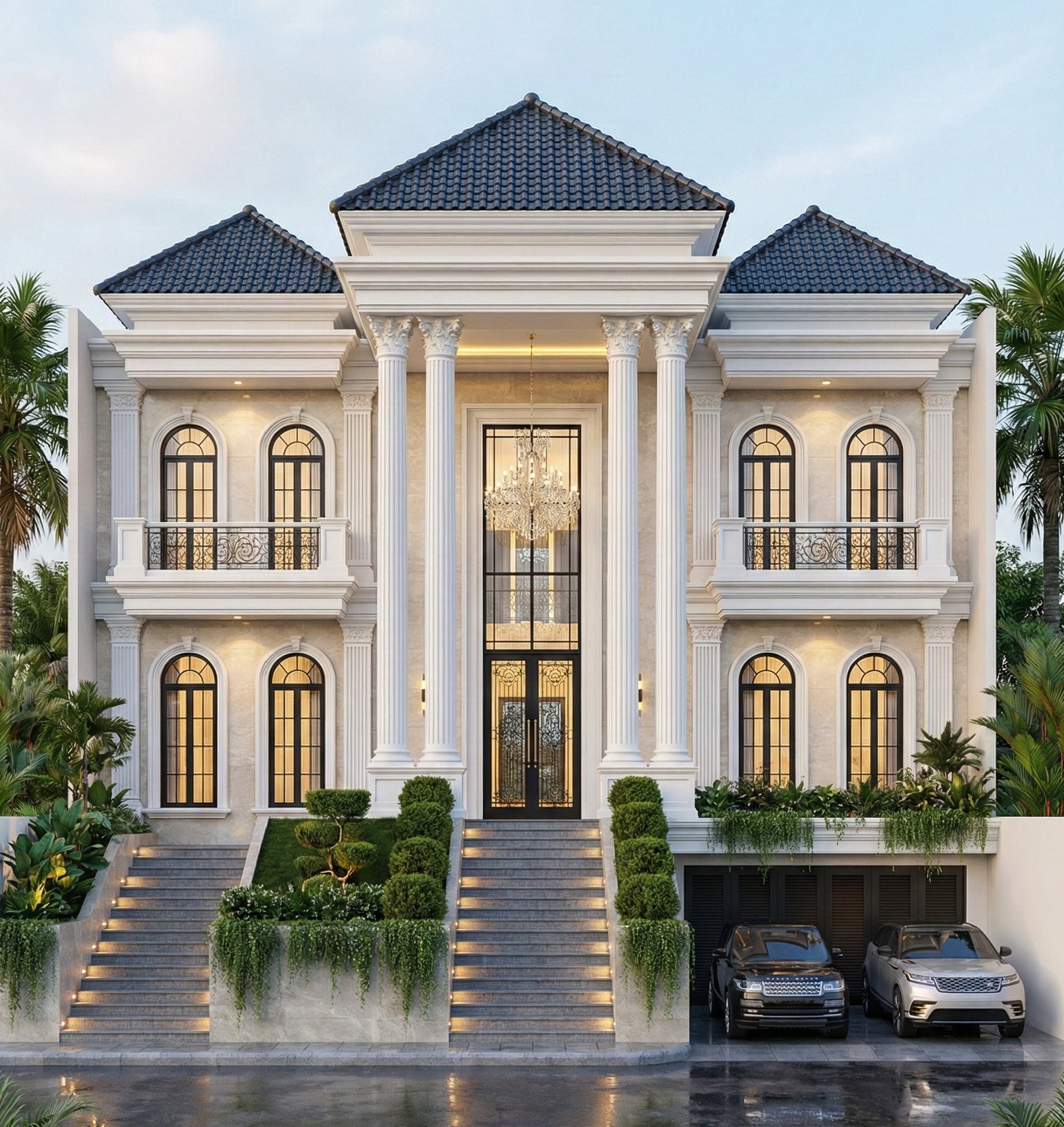 Desain rumah mewah klasik modern dengan pilar megah, fasad simetris, dan nuansa luxury yang mencerminkan kemewahan kelas atas