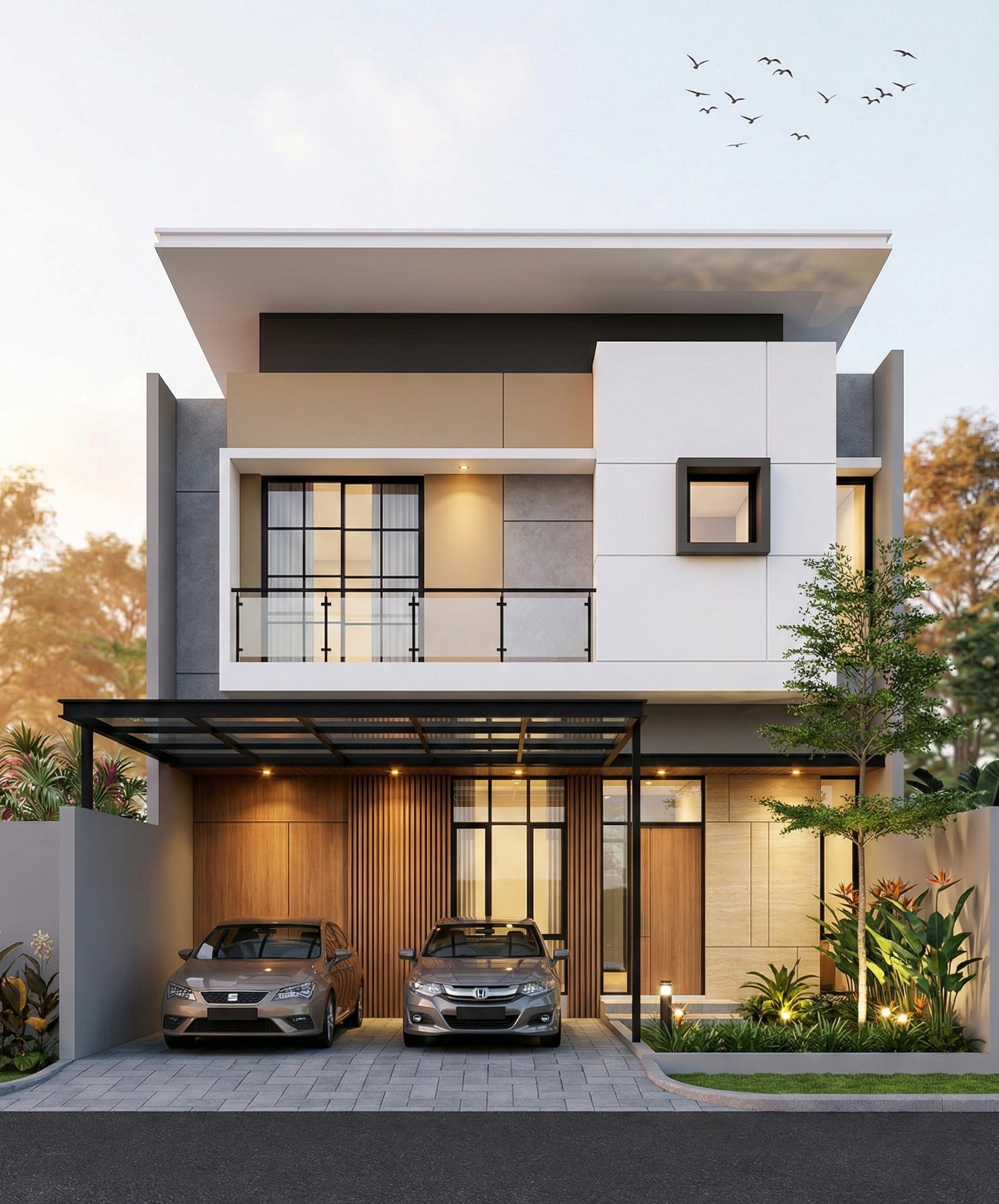Desain rumah minimalis 2 lantai Bu Refniyati dengan fasad modern, carport dua mobil, dan kombinasi kayu–beton yang elegan dan kekinian.