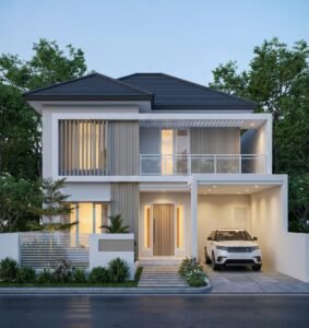 Desain rumah modern minimalis 2 lantai milik Pak Handoko dengan fasad elegan, railing kaca, carport luas, dan permainan list vertikal yang mewah.