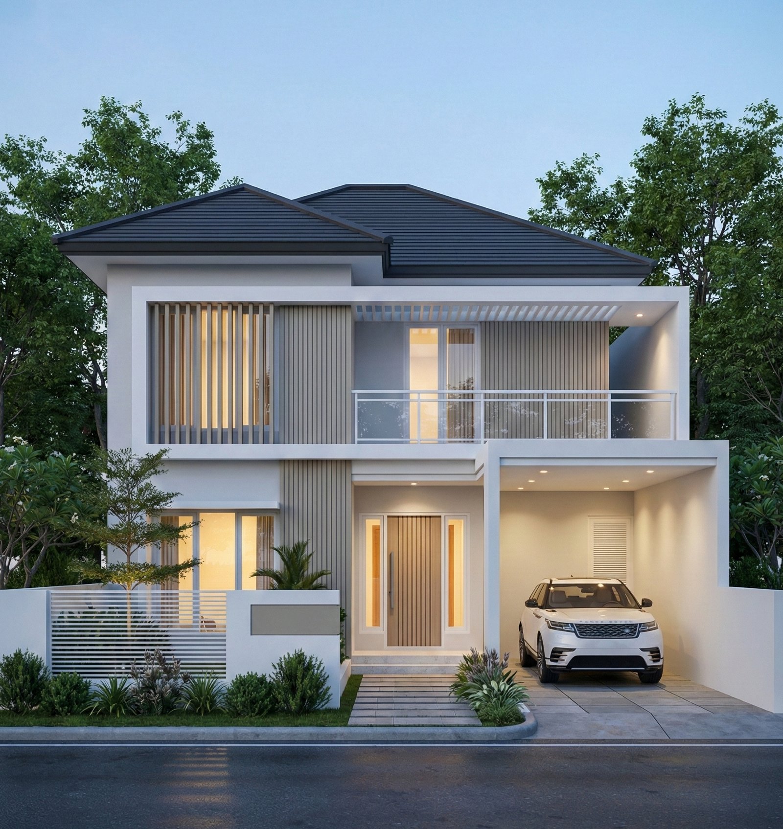Desain rumah modern minimalis 2 lantai milik Pak Handoko dengan fasad elegan, railing kaca, carport luas, dan permainan list vertikal yang mewah.