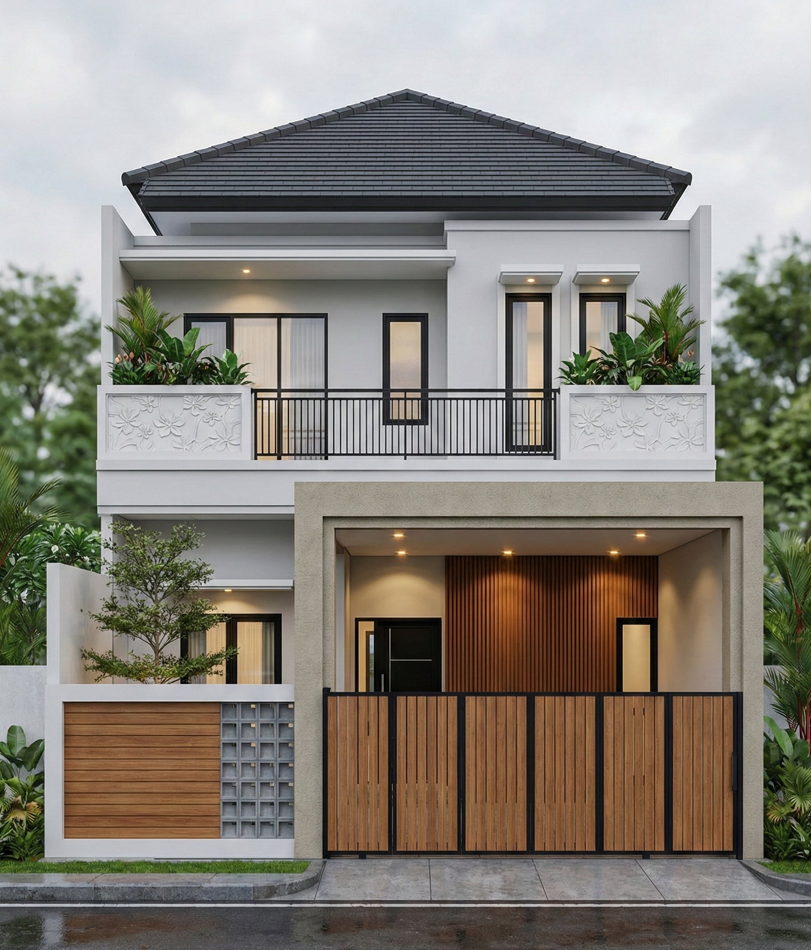 Desain rumah modern minimalis 2 lantai milik Pak Suwono dengan pagar kayu, balkon berornamen bunga, dan fasad elegan berwarna putih.