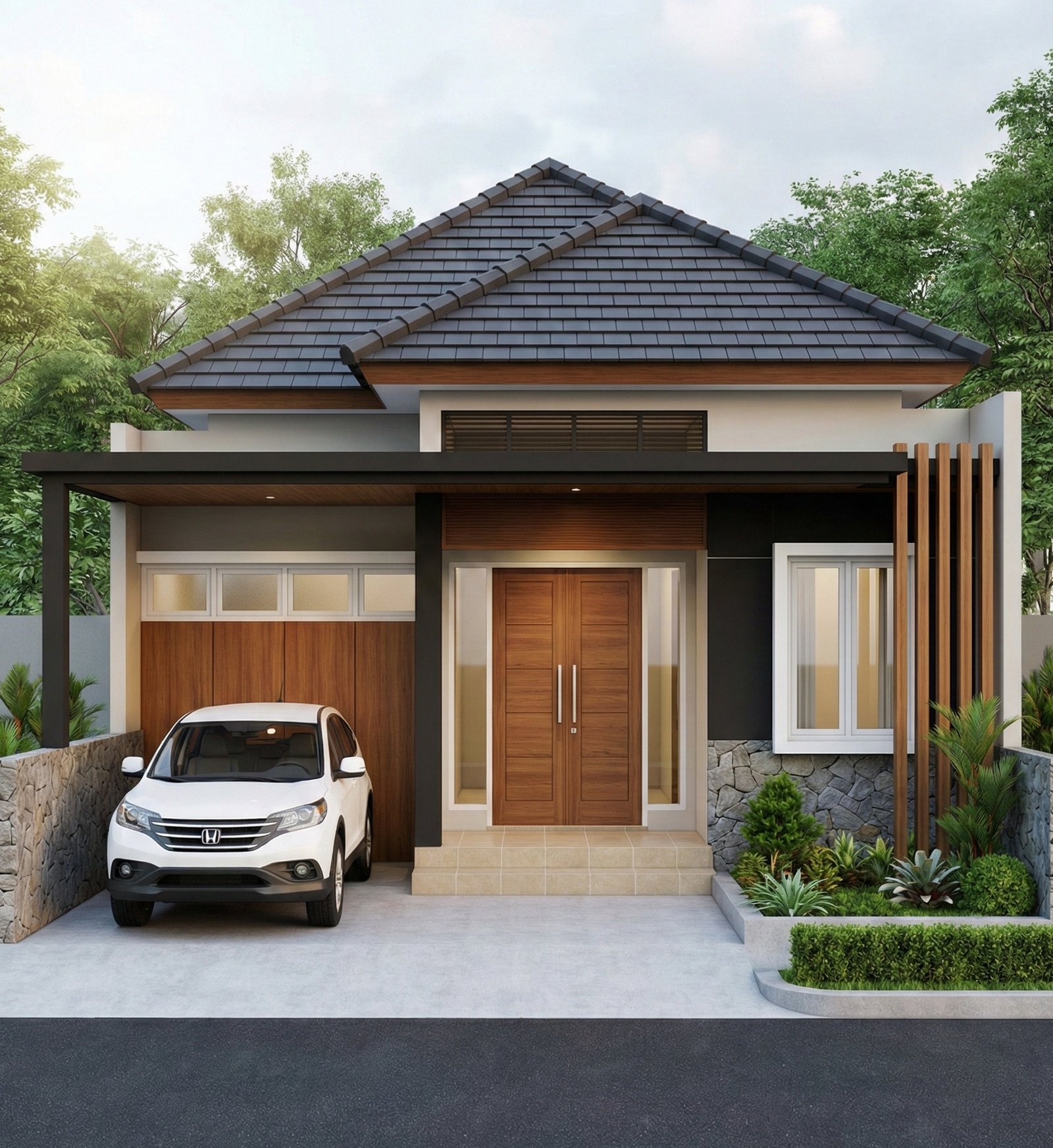 Desain rumah minimalis modern milik Ibu Erni dengan carport rapi, fasad elegan, dan sentuhan kayu hangat yang membuat hunian terasa nyaman