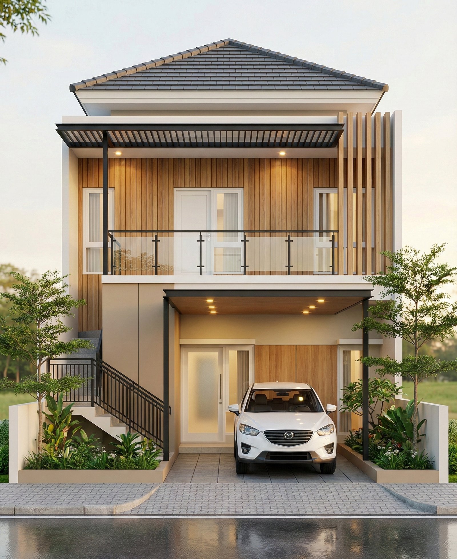 Desain rumah minimalis modern 2 lantai dengan aksen kayu, balkon kaca, carport nyaman, dan fasad elegan yang hangat serta fungsional.