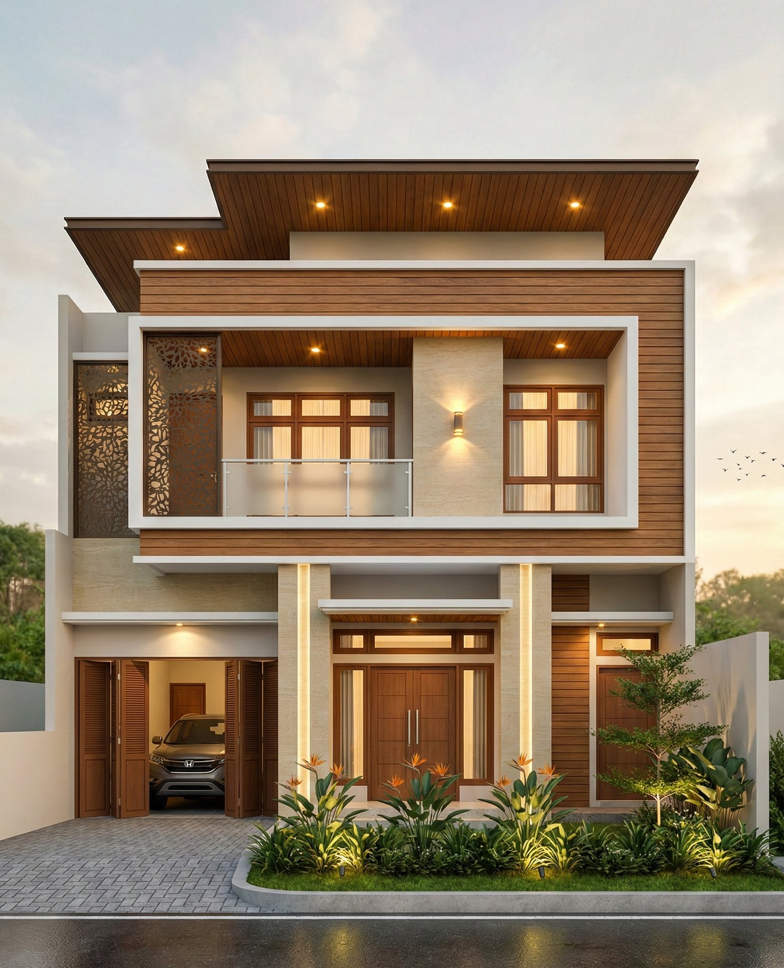 Desain rumah 2 lantai modern milik Pak Roi dengan fasad kayu elegan, balkon kaca, carport tertutup, dan pencahayaan warm-light yang mewah