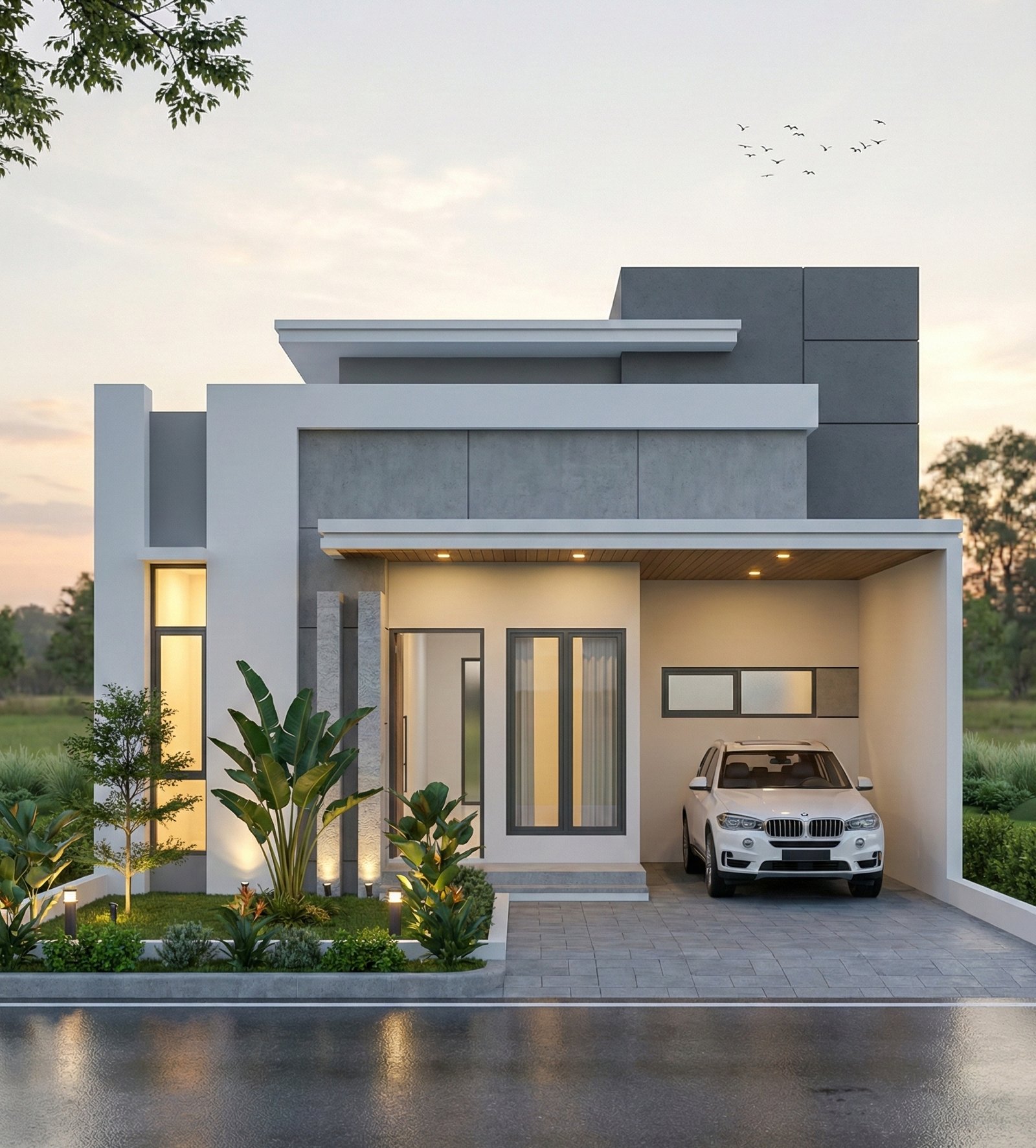 Desain rumah minimalis modern milik Pak Jaka dengan fasad geometris, carport luas, taman tropis, dan pencahayaan eksterior hangat yang futuristik