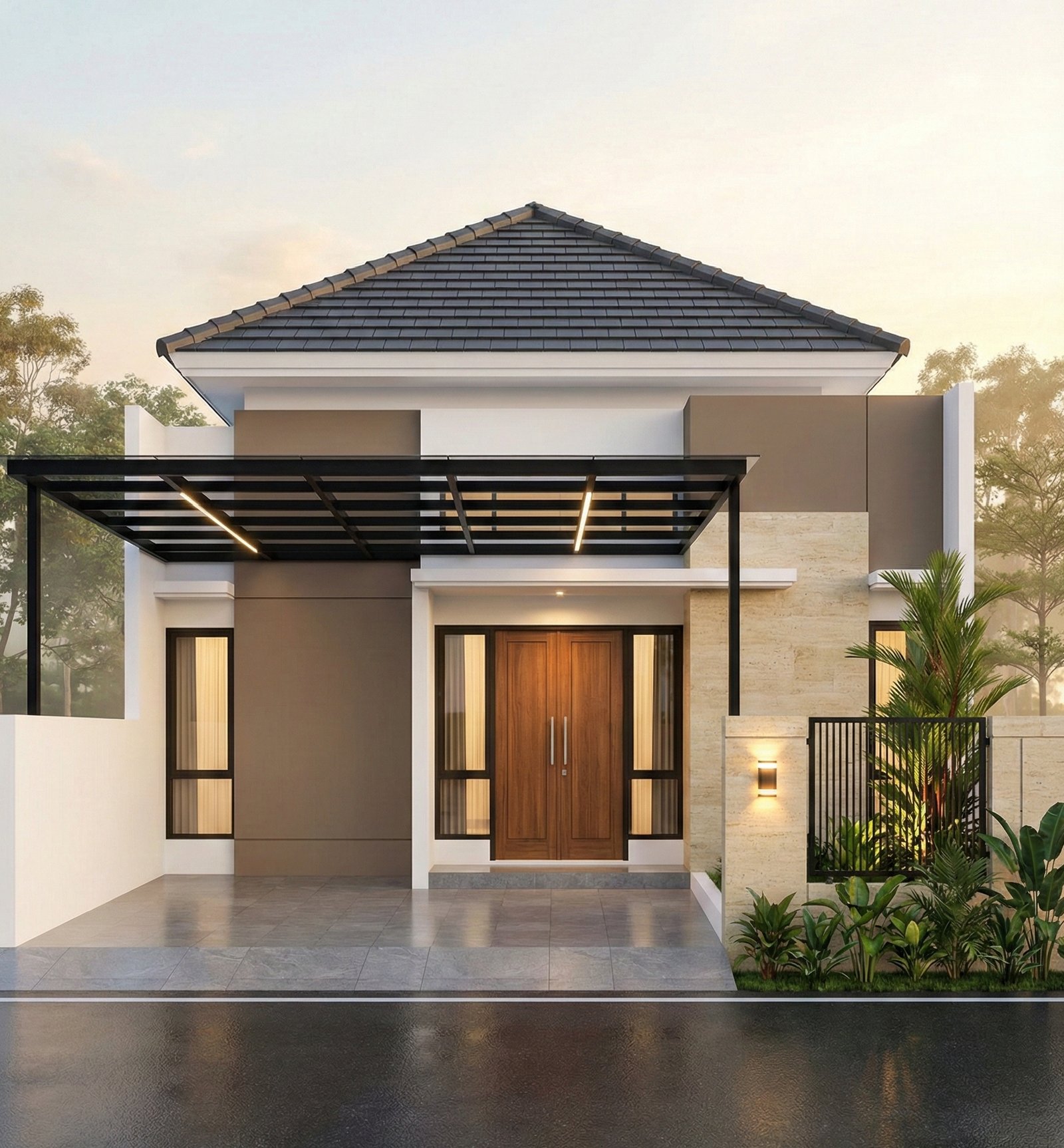 Desain rumah minimalis modern milik Pak Tarbarita dengan fasad elegan, batu alam premium, kanopi baja hitam, dan pencahayaan mewah.