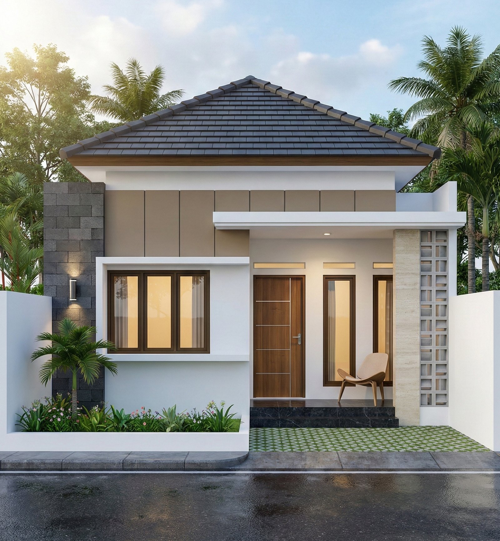 Fasad rumah minimalis modern milik Pak Erwin dengan atap pelana, roster dekoratif, taman depan kecil, dan kombinasi warna putih–beige yang elegan.