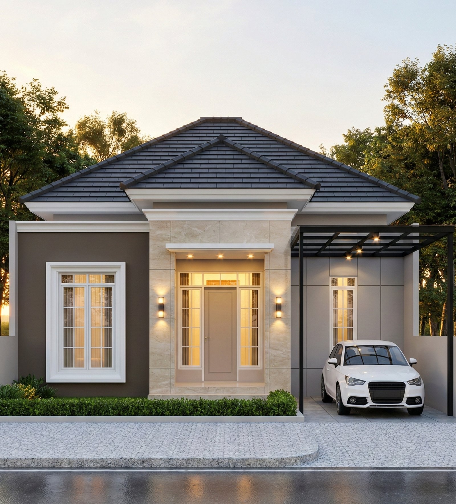 Desain rumah modern elegan Bu Ayu Lestari dengan fasad netral, batu alam premium, carport minimalis, dan pencahayaan hangat yang berkelas