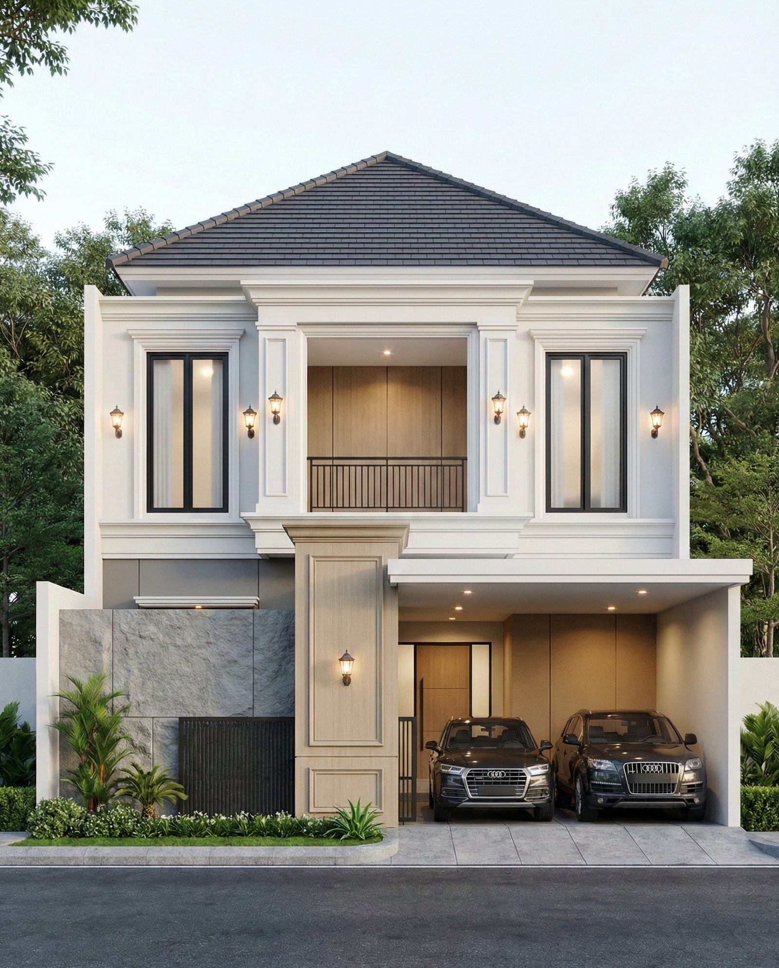 Desain rumah modern klasik milik Pak Naldi dengan fasad elegan, carport dua mobil, dan perpaduan material premium yang berkelas