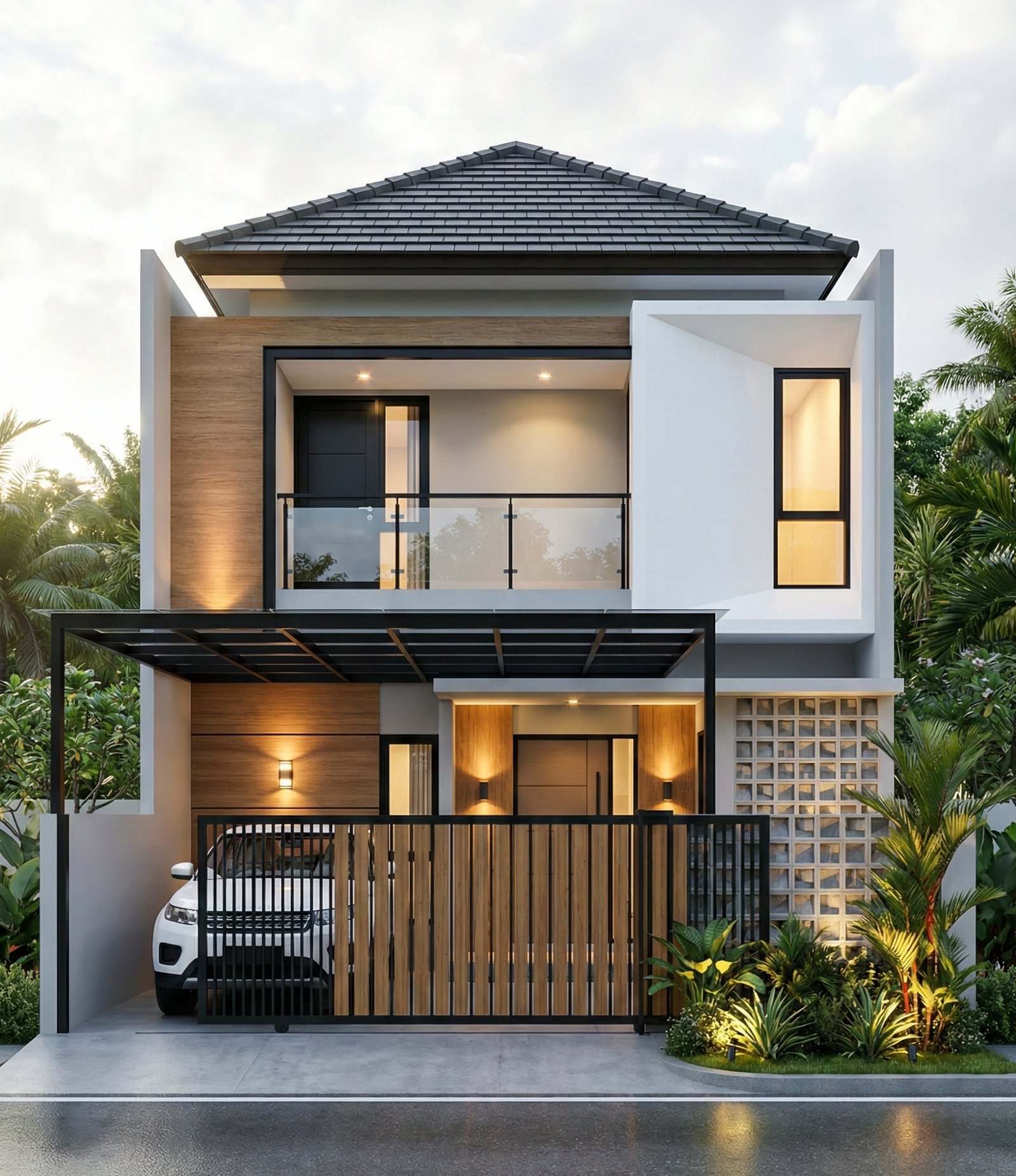 Desain rumah minimalis modern 2 lantai dengan balkon kaca, carport elegan, dan fasad kayu yang hangat serta mewah.
