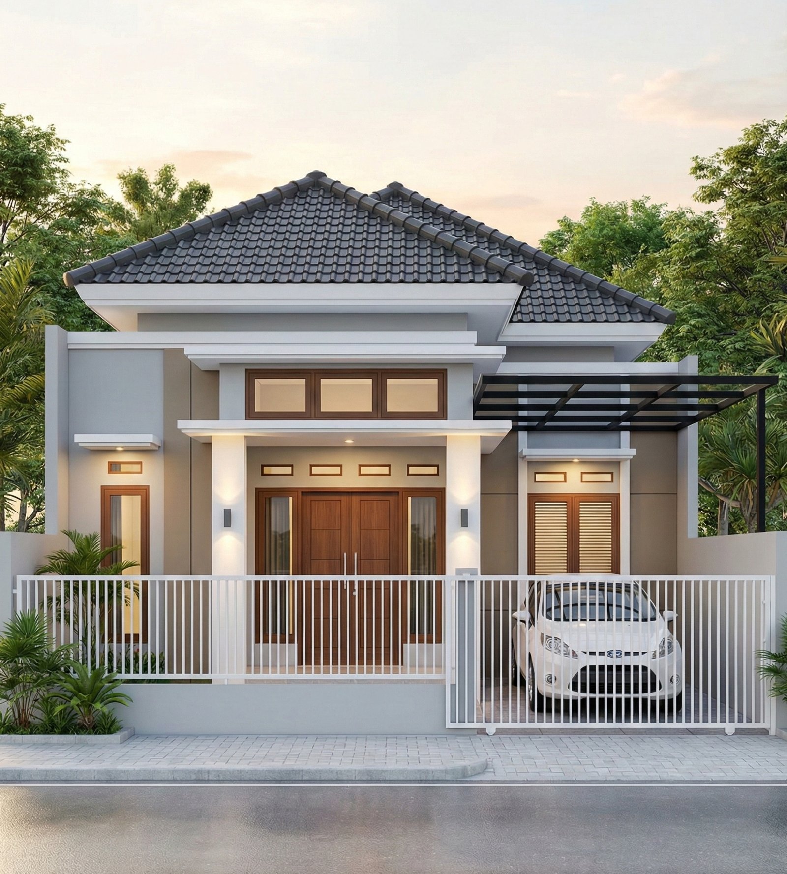 Desain rumah modern minimalis milik Pak Leo dengan fasad simetris, pintu kayu elegan, carport modern, dan pencahayaan eksterior yang hangat.