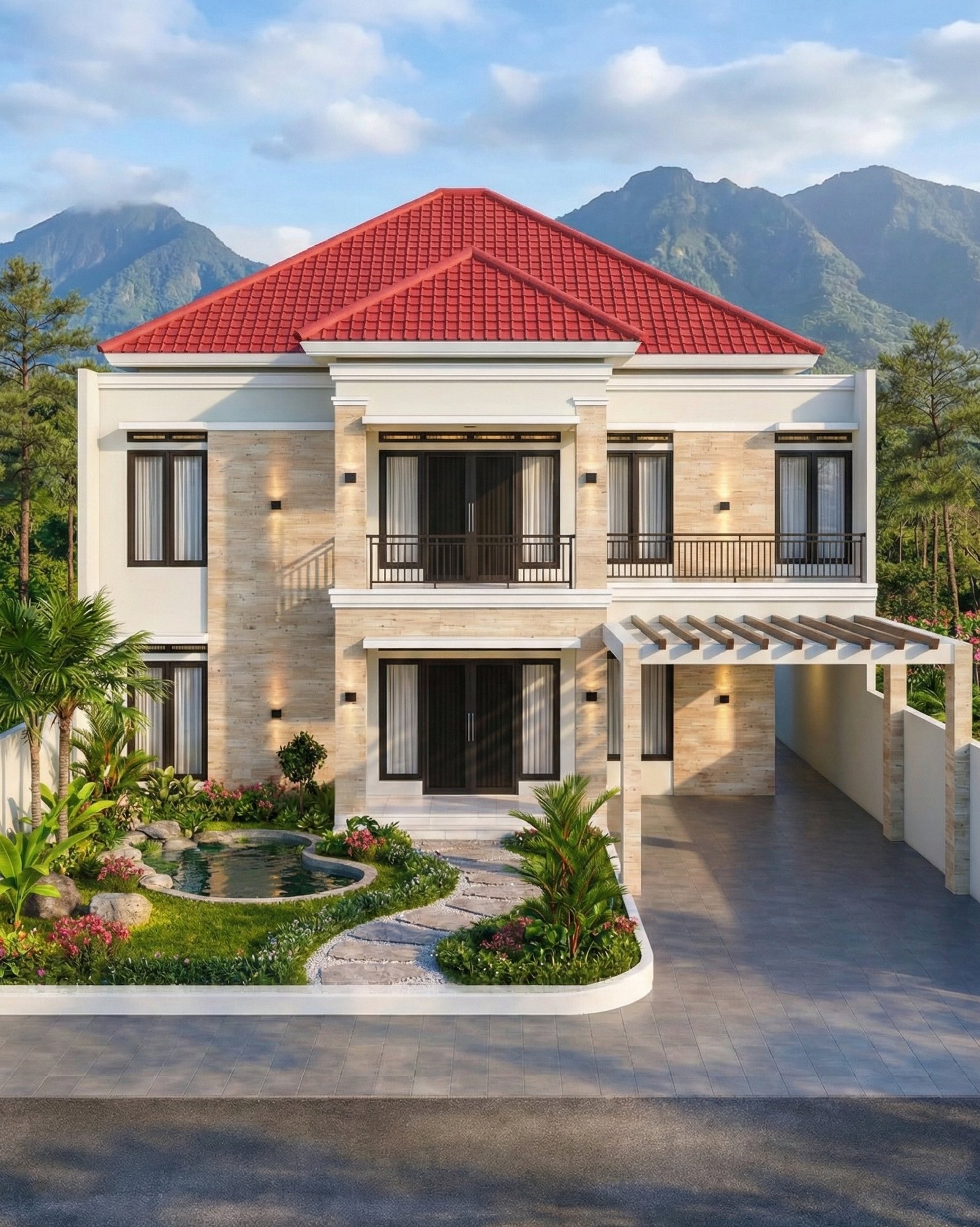 Desain rumah Pak Razka 2 lantai bergaya modern klasik tropis dengan fasad simetris dan taman depan