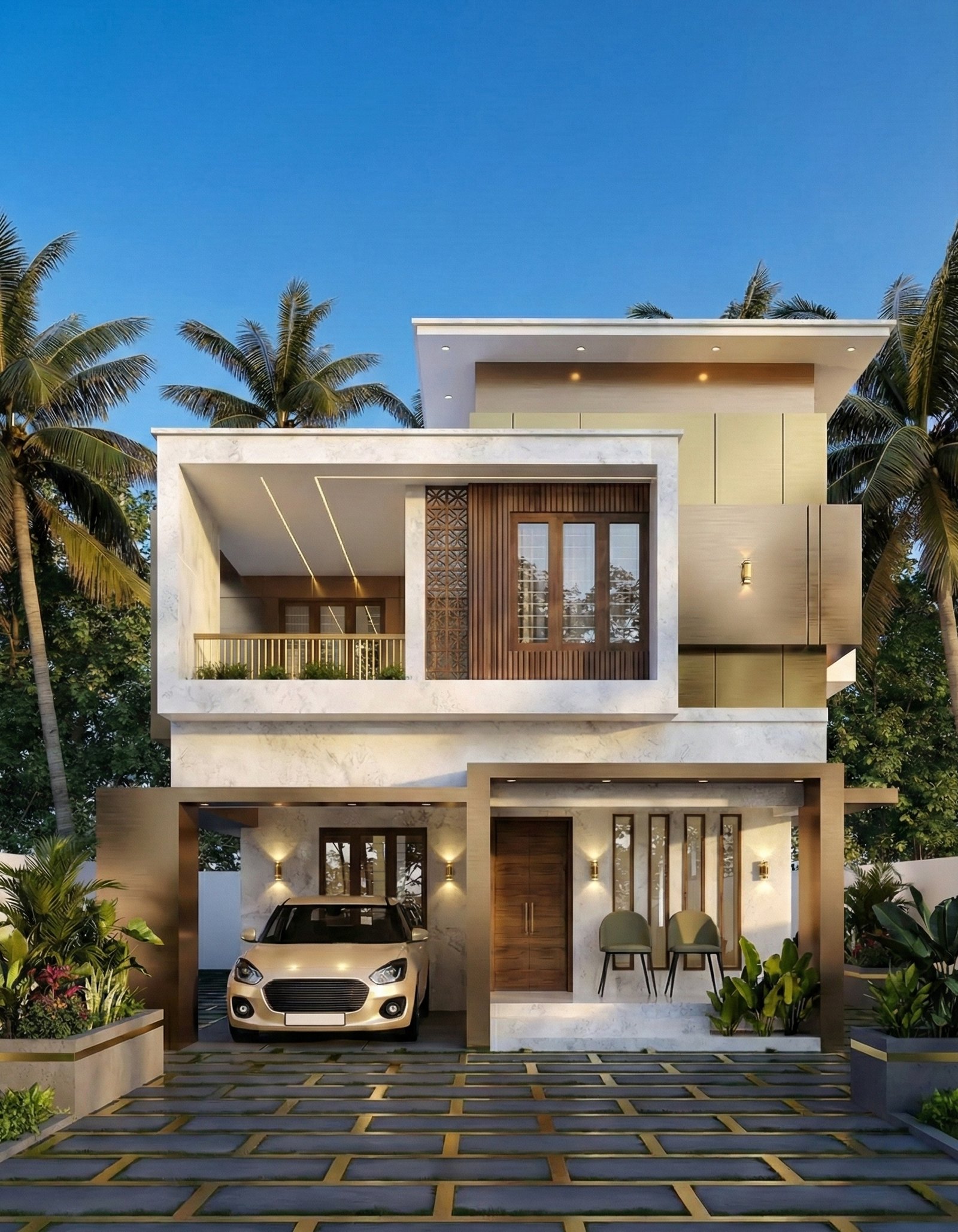 Desain rumah 2 lantai modern tropis dengan fasad kotak, balkon, dan carport