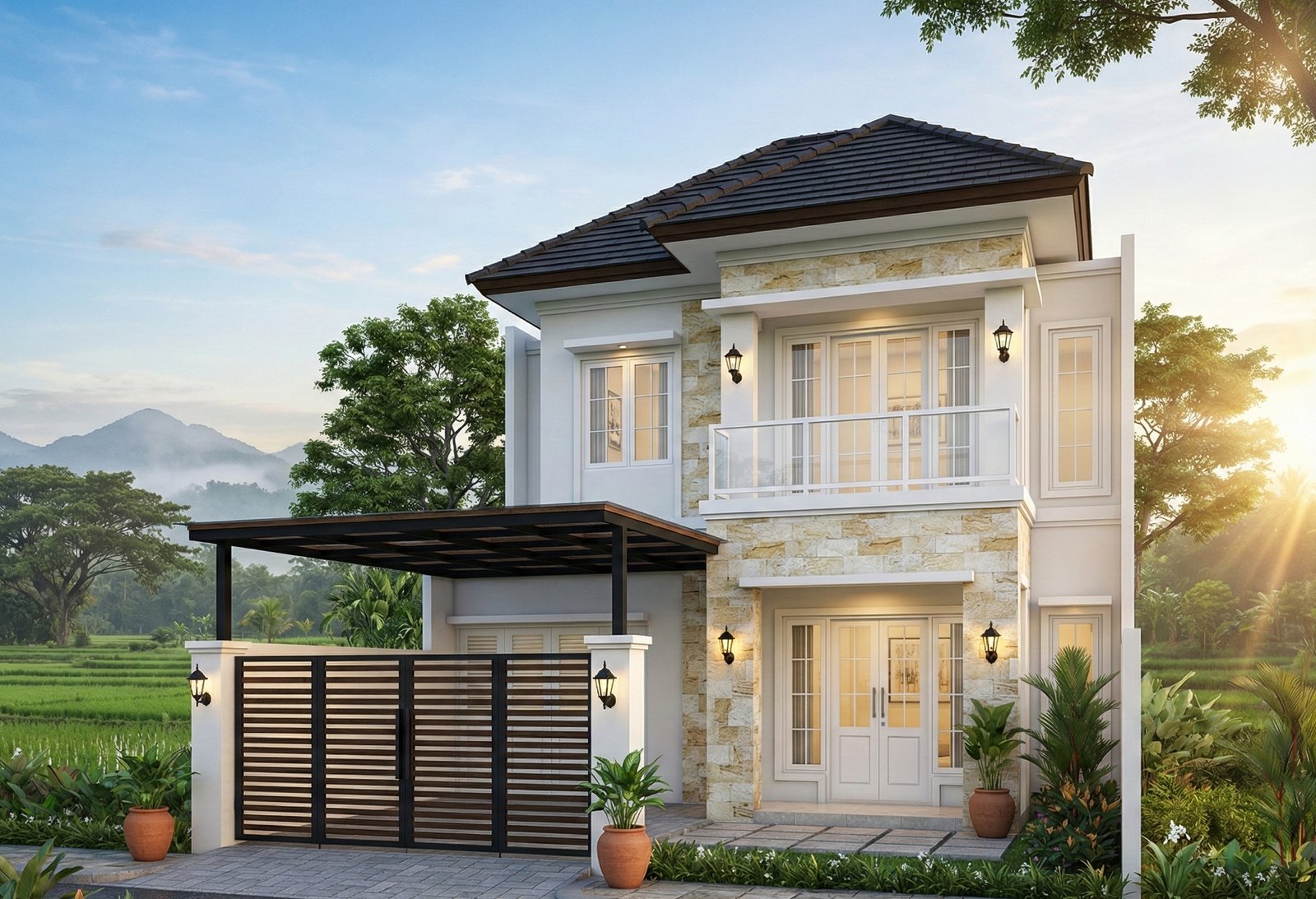 Tampak depan desain rumah 2 lantai dengan bukaan jendela lebar dan balkon kaca, memaksimalkan pencahayaan alami