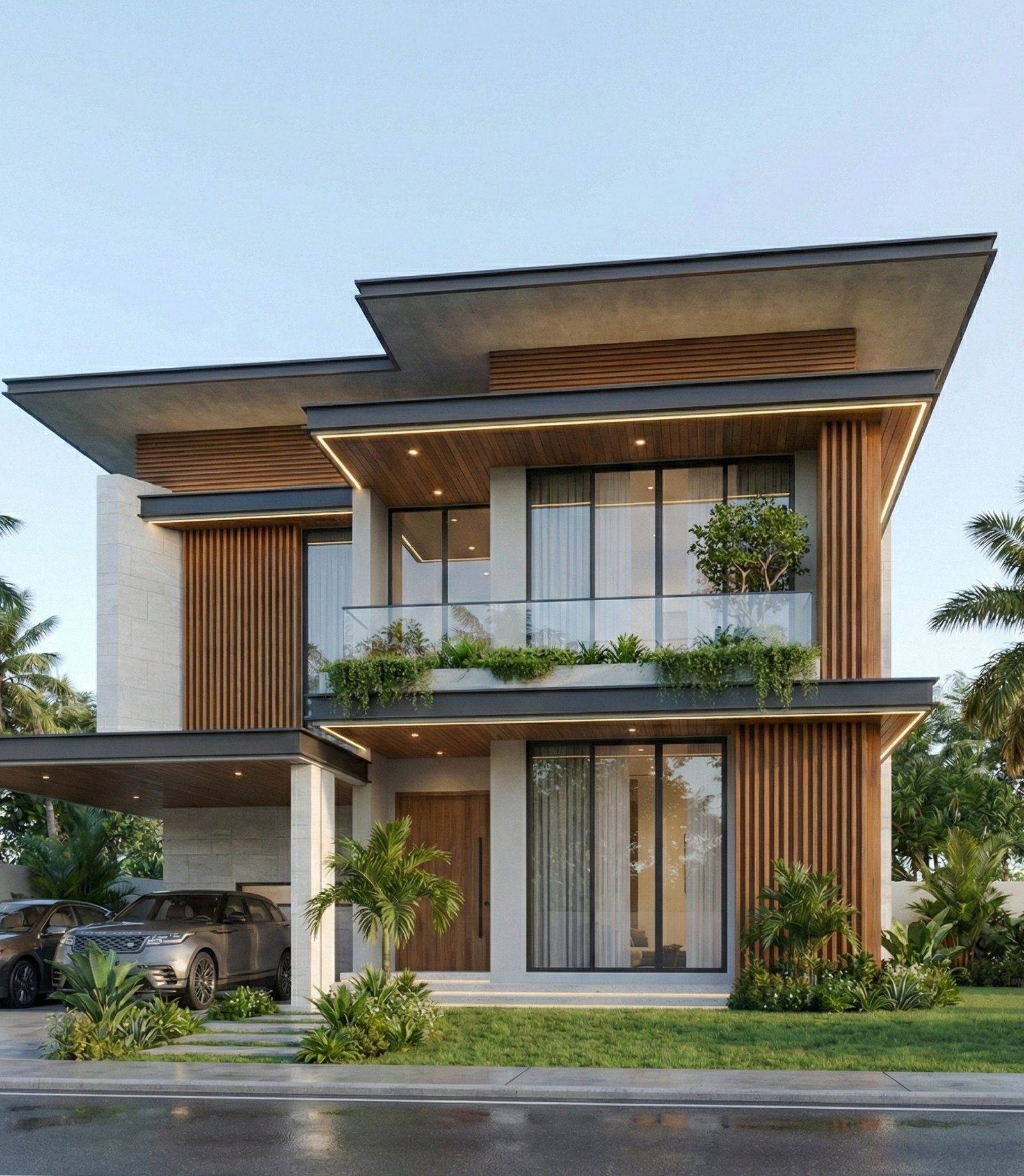 tampak depan desain rumah minimalis 2 lantai milik Pak Suwarno dengan konsep modern, fasad elegan, dan tata ruang nyaman untuk keluarga