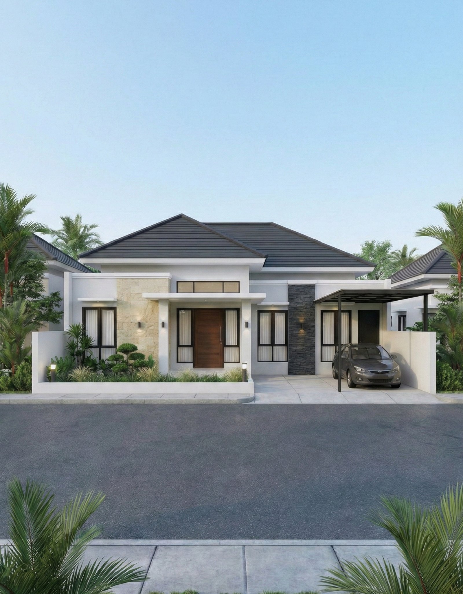 Desain rumah minimalis modern satu lantai Pak Siddik dengan fasad simpel dan carport