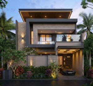 Desain rumah modern tropis 2 lantai Pak Sayuti dengan fasad elegan dan balkon kaca