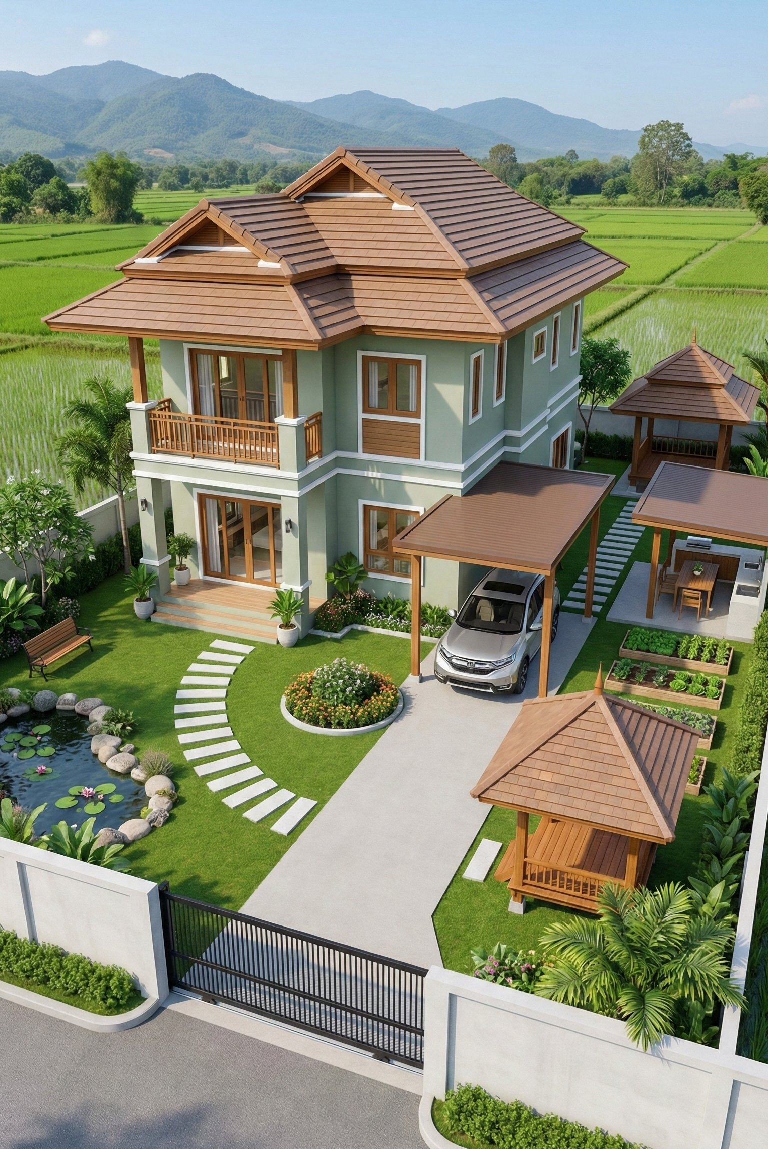 desain rumah pak Riri, sebuah hunian tropis modern dua lantai berwarna hijau sage yang dikelilingi sawah, dilengkapi taman luas, kolam ikan, dan gazebo kayu