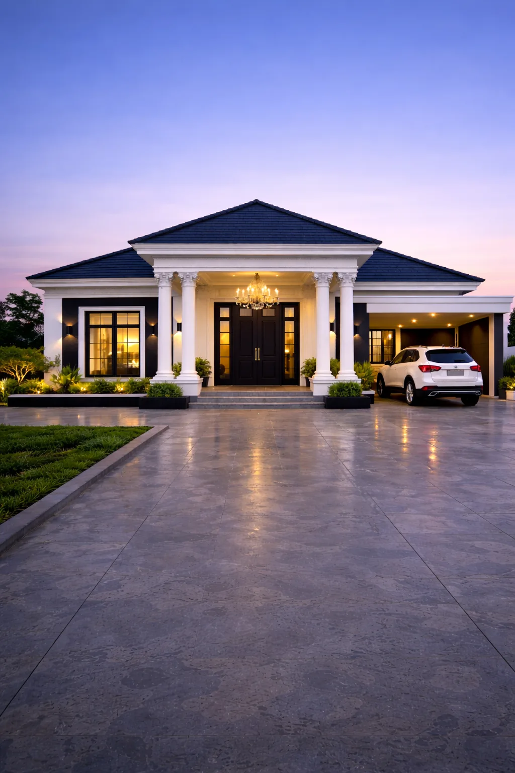 Desain rumah satu lantai neoklasik modern milik Buk Laila dengan pilar klasik dan carport samping
