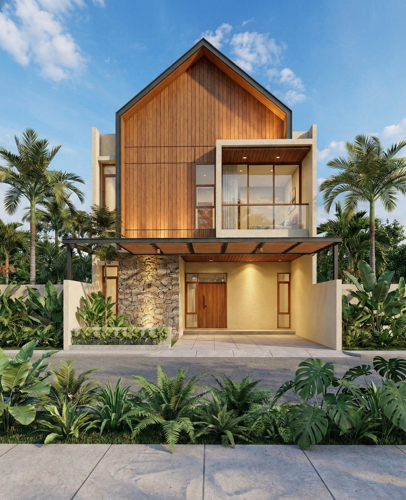 Desain rumah Scandinavian 2 lantai Pak Dandi dengan fasad kayu dan balkon kaca