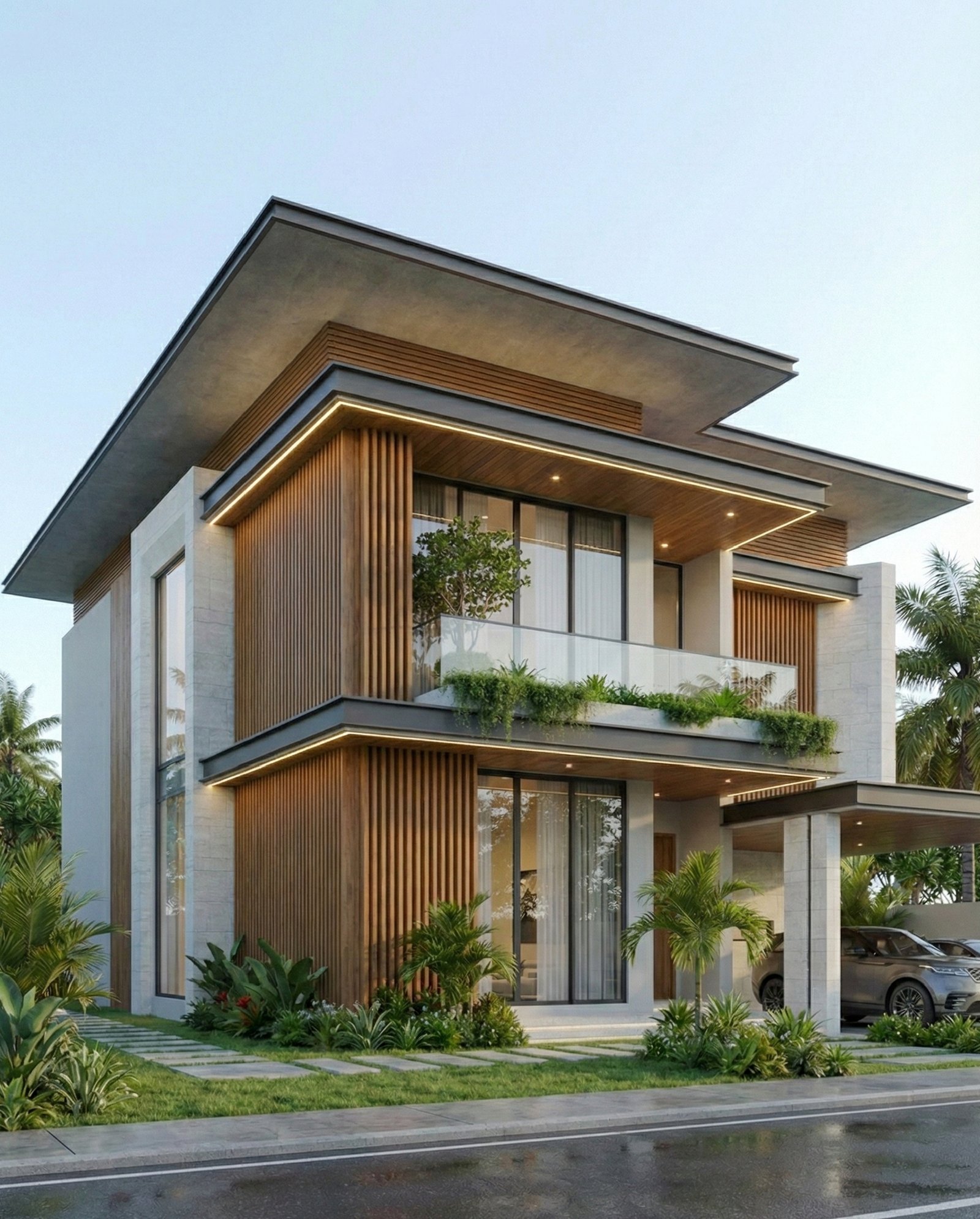tampak samping desain rumah minimalis 2 lantai milik Pak Suwarno dengan konsep modern, fasad elegan, dan tata ruang nyaman untuk keluarga
