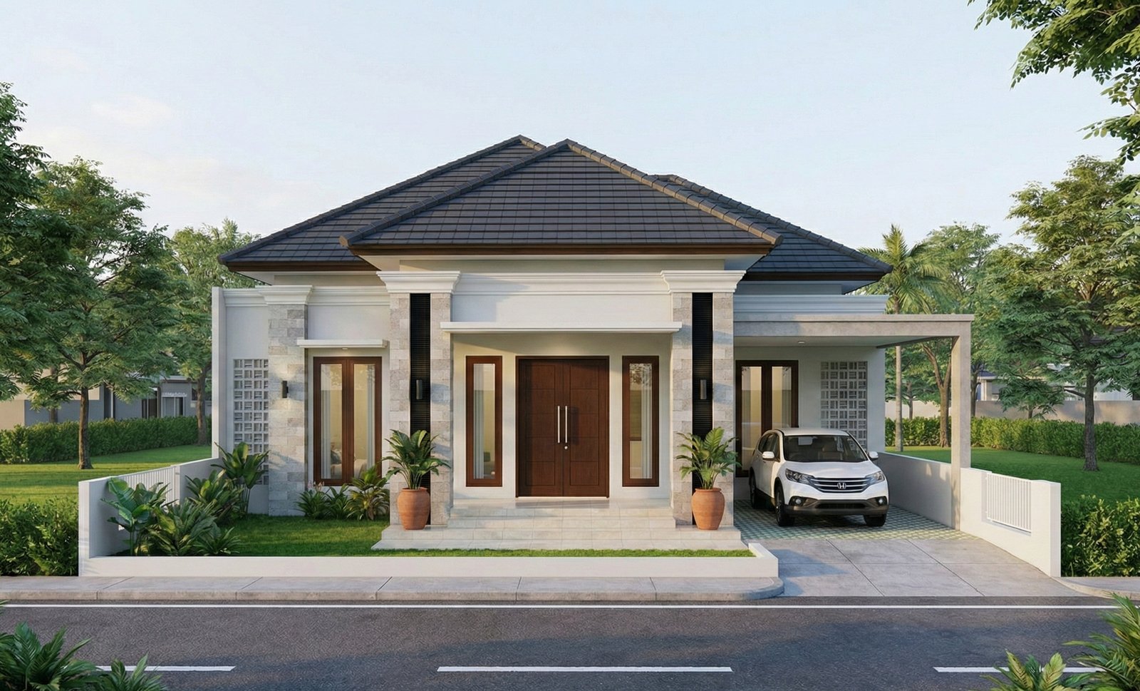 Desain rumah tinggal 1 lantai modern klasik tropis Bapak Agung dengan fasad simetris, pilar elegan, atap perisai, dan carport samping