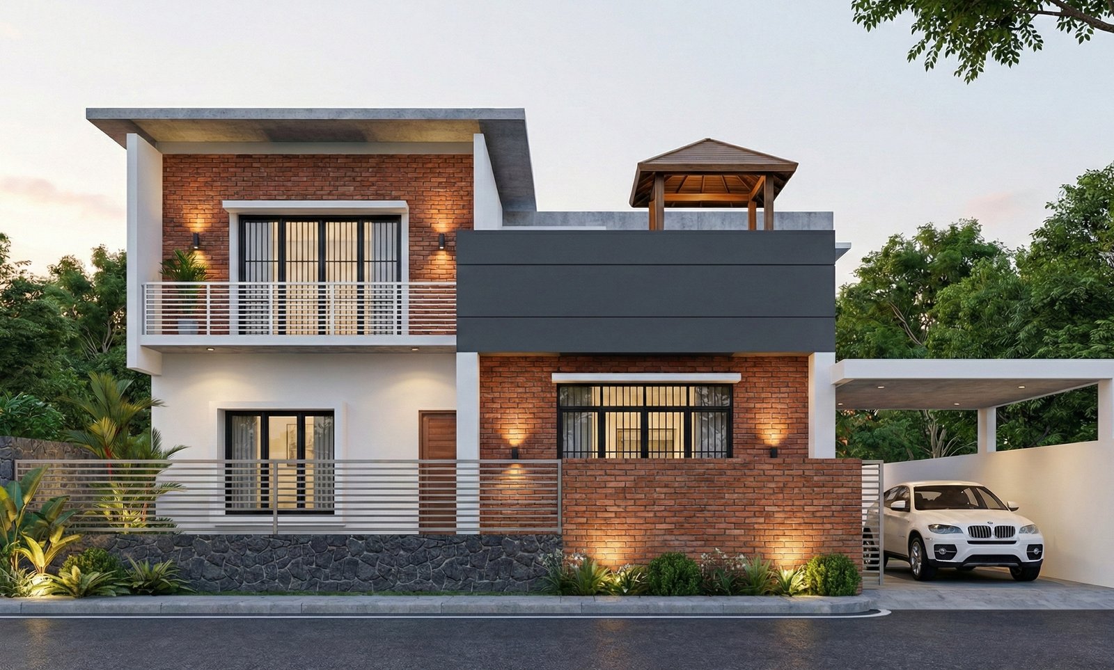 Desain rumah 2 lantai gaya industrial modern Bapak Suprapto dengan fasad bata ekspos, beton, balkon minimalis, dan carport samping