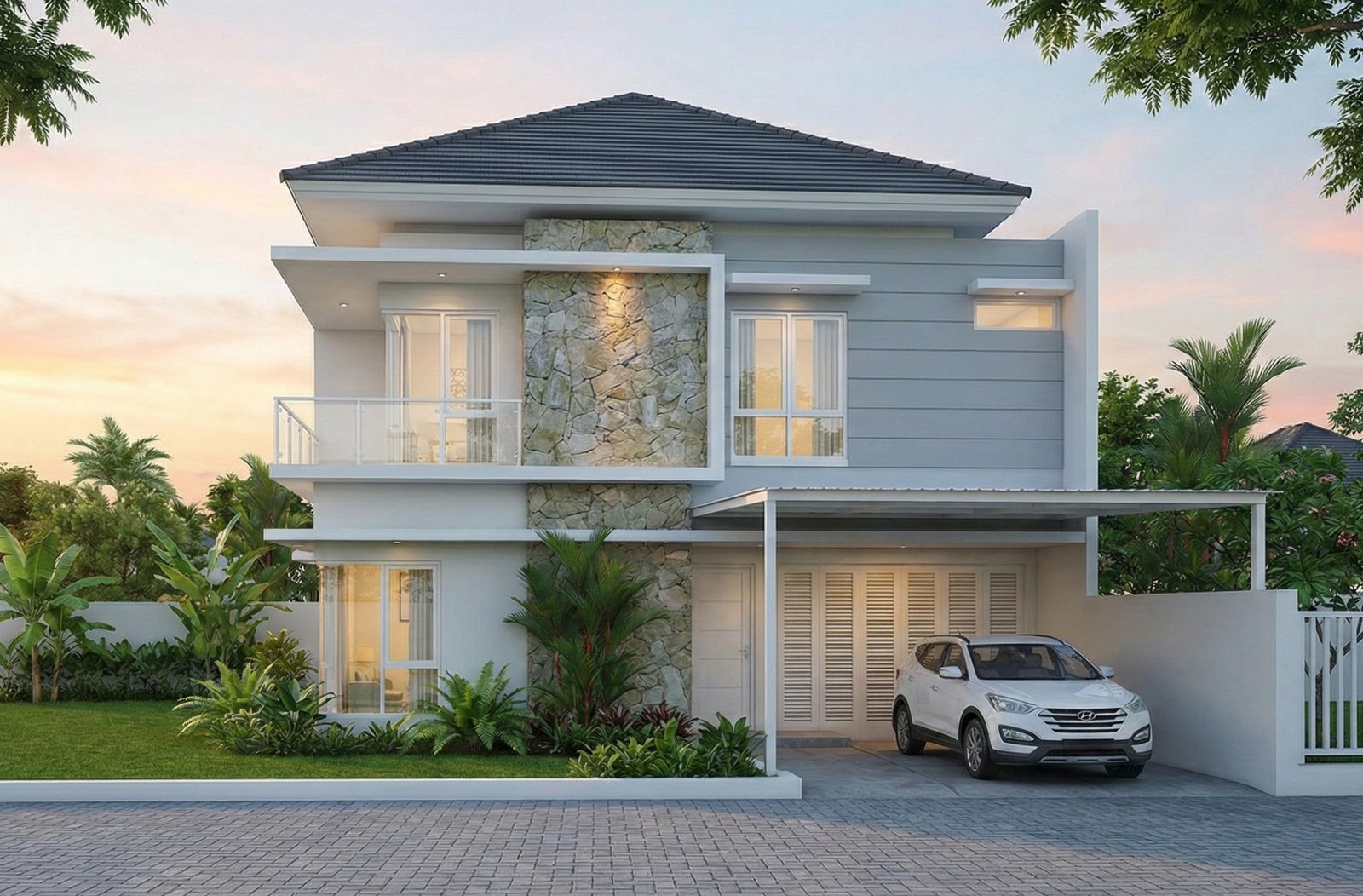 Desain rumah 2 lantai gaya modern tropis minimalis Pak Tia dengan fasad batu alam, balkon sederhana, dan taman hijau depan rumah