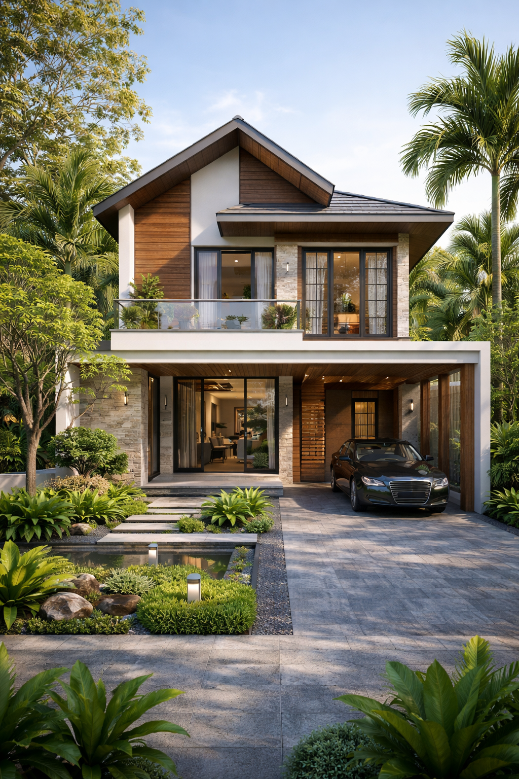 Desain rumah minimalis modern tropis Pak Harmuji dengan fasad dua lantai dan taman hijau