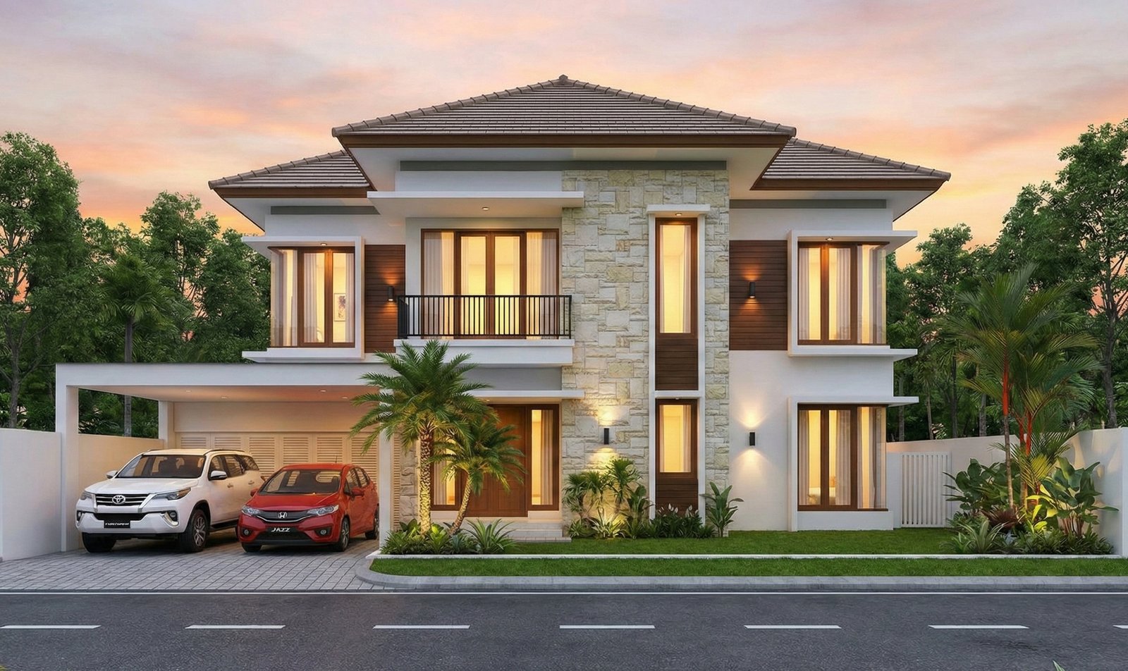 Desain rumah modern tropis 2 lantai mewah minimalis Pak Kurnia dengan fasad batu alam, aksen kayu, balkon depan, dan carport dua mobil