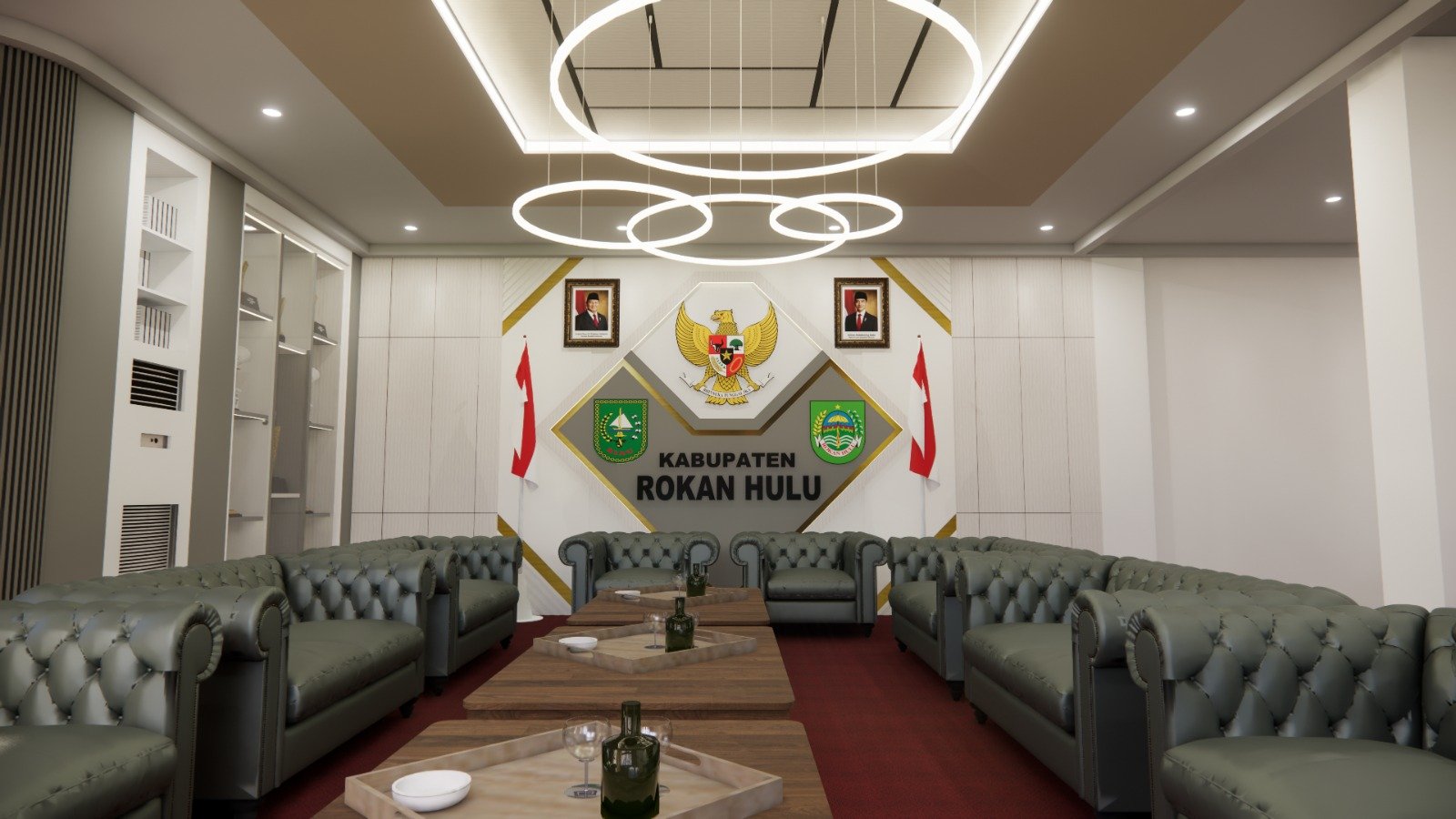 Desain interior lobby kantor modern elegan dengan sofa premium dan backdrop identitas institusi