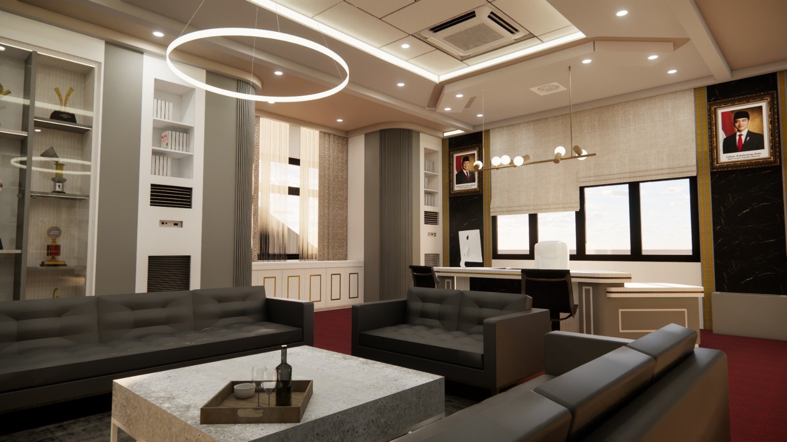Desain ruang kerja pimpinan kantor modern mewah dengan area duduk santai dan pencahayaan elegan