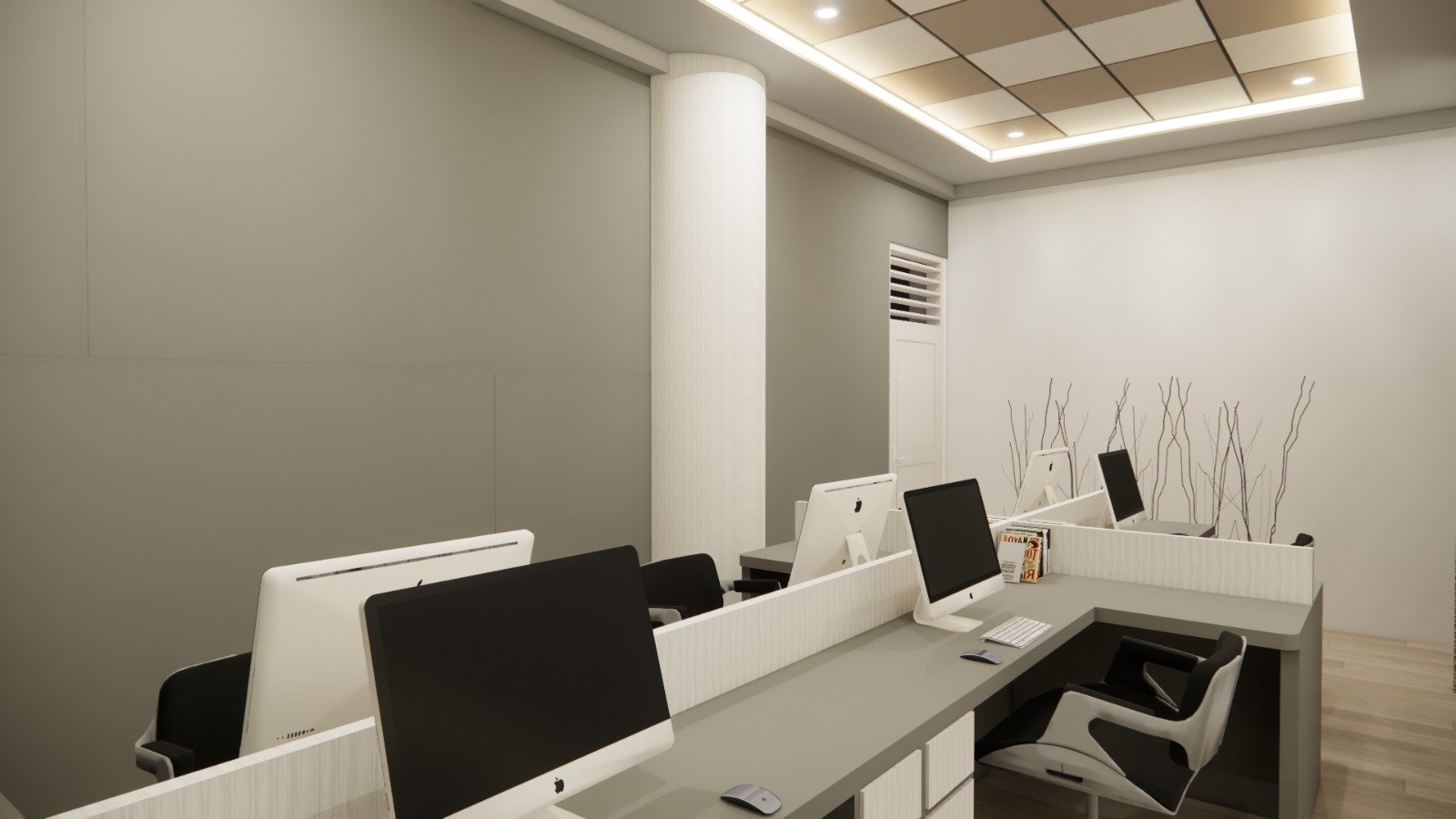 Area kerja staff kantor modern minimalis dengan workstation ergonomis dan pencahayaan nyaman