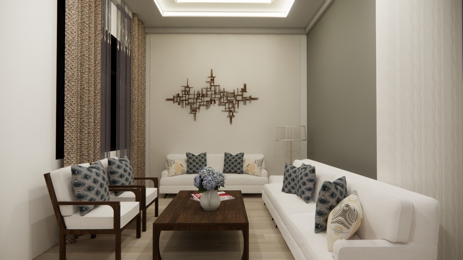 Interior ruang duduk kantor modern elegan dengan sofa nyaman dan konsep hangat