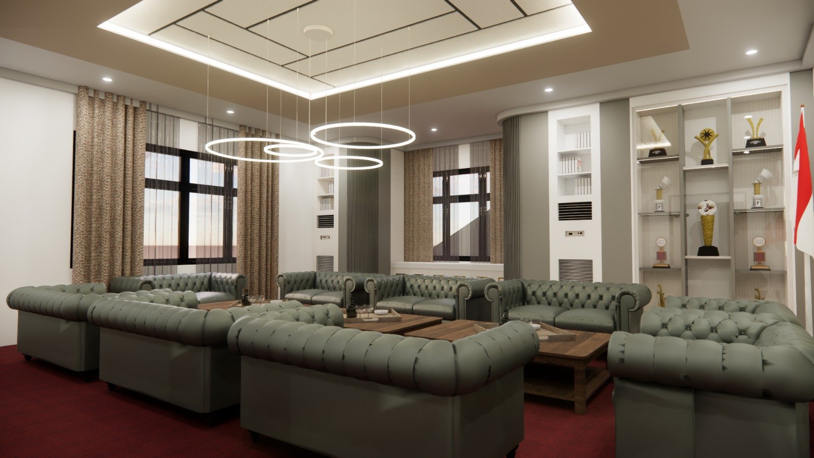 Desain area meeting lounge kantor modern dengan sofa premium dan pencahayaan dekoratif