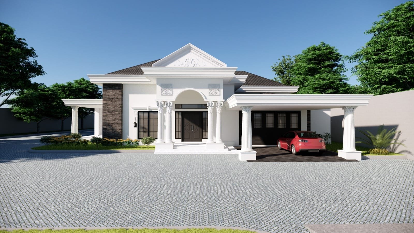Fasad rumah klasik modern mewah 1 lantai dengan kolom elegan dan carport luas