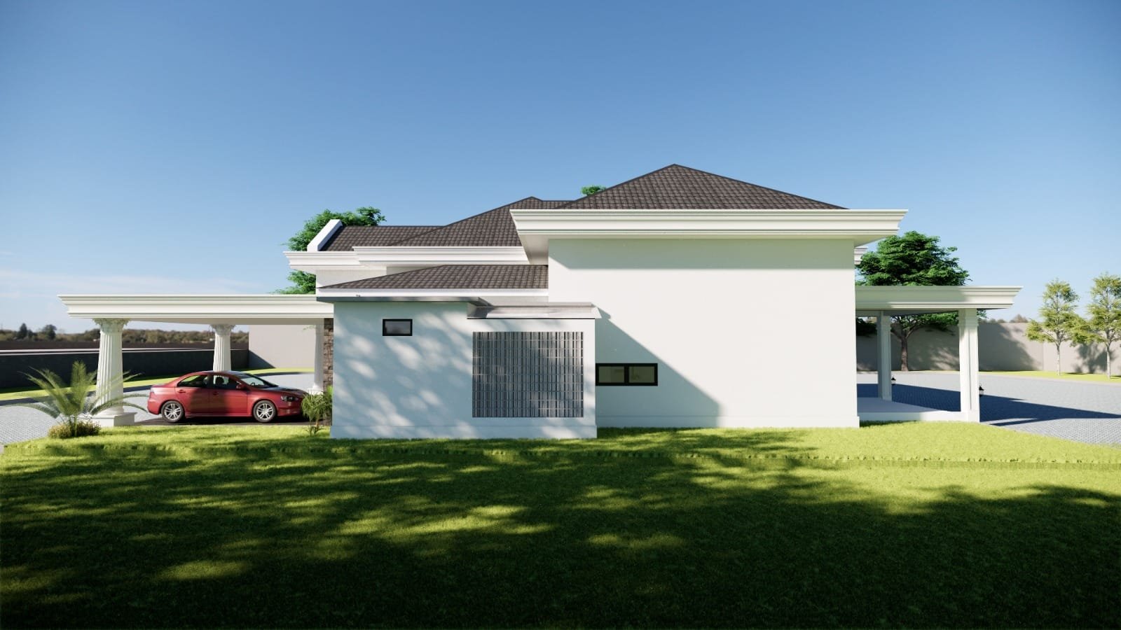Tampak samping rumah klasik modern mewah 1 lantai dengan desain elegan dan area terbuka hijau