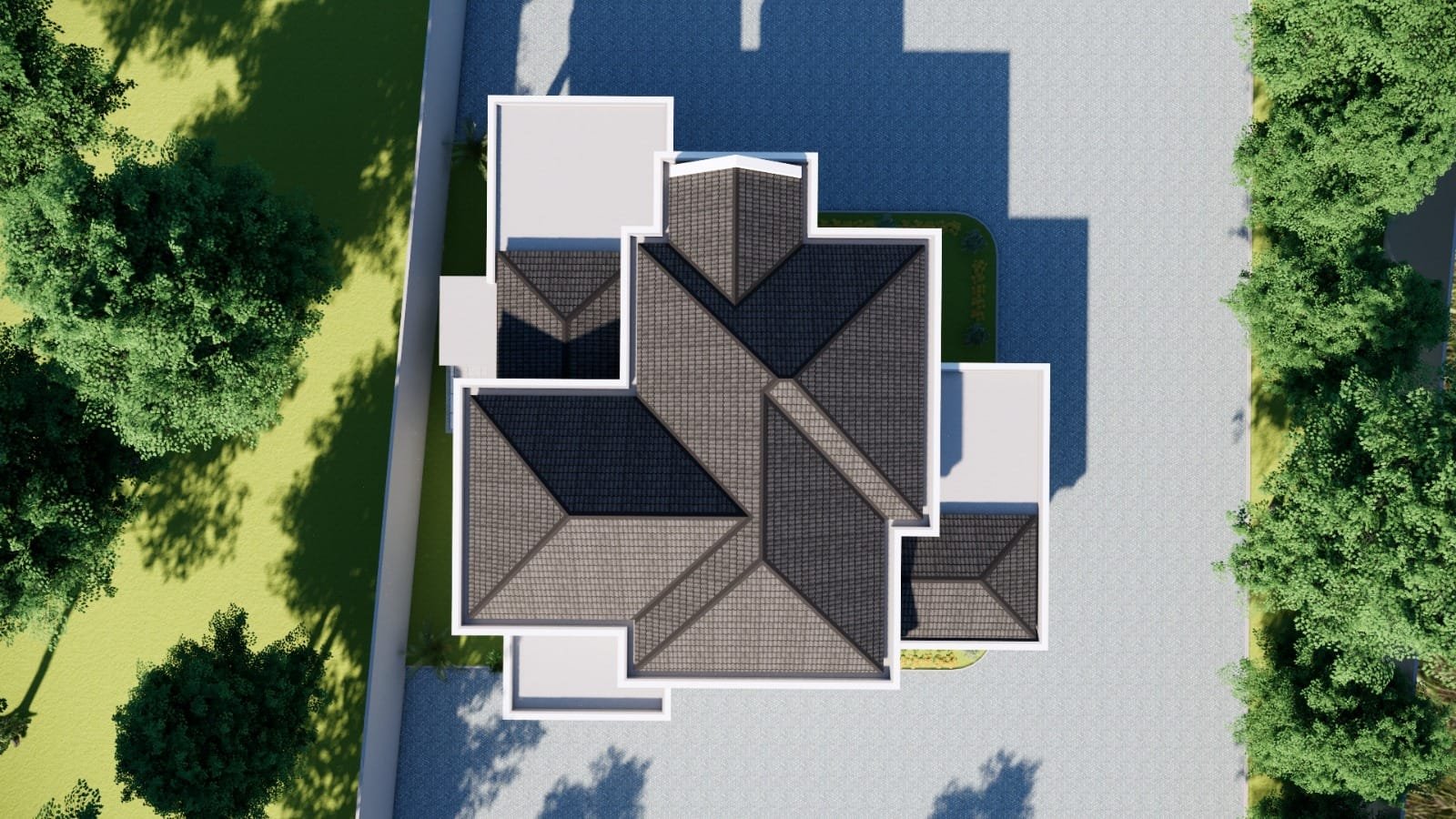 Desain rumah klasik modern mewah 1 lantai tampak atas dengan atap limasan bertumpuk elegan