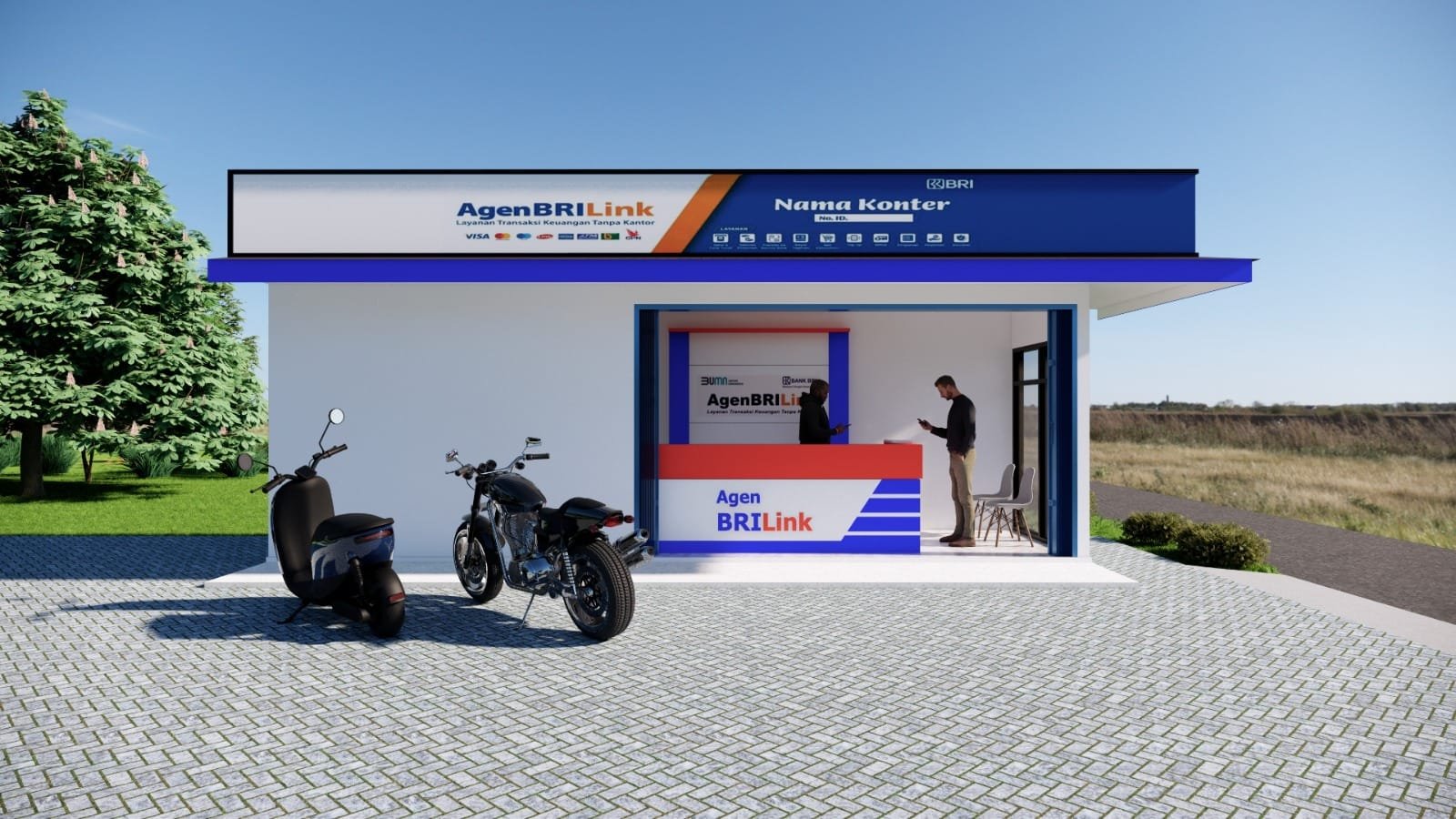 Desain interior outlet Agen BRILink modern dengan area pelayanan terbuka