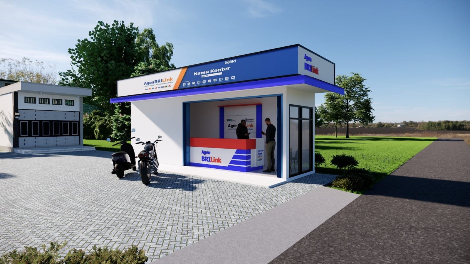 Desain kios Agen BRILink minimalis modern untuk usaha layanan transaksi keuangan