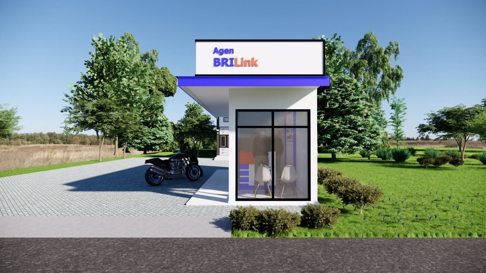 Desain outlet Agen BRILink modern dengan kaca depan dan konsep bangunan minimalis