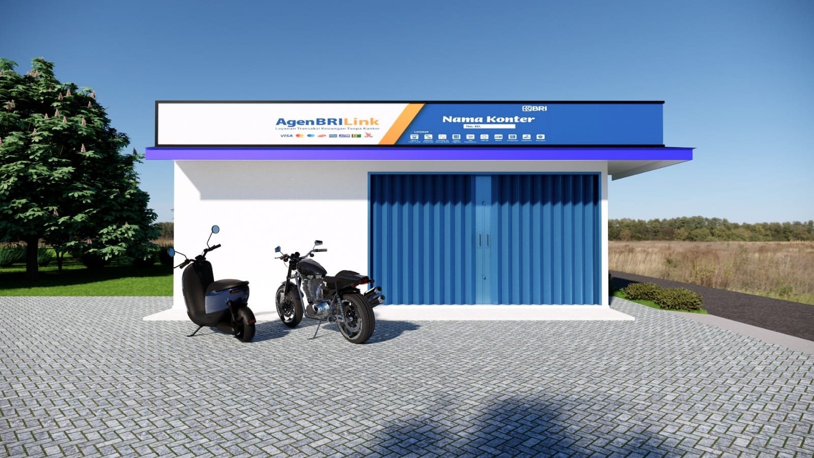Desain agen BRILink minimalis modern tampak depan dengan fasad komersial profesional